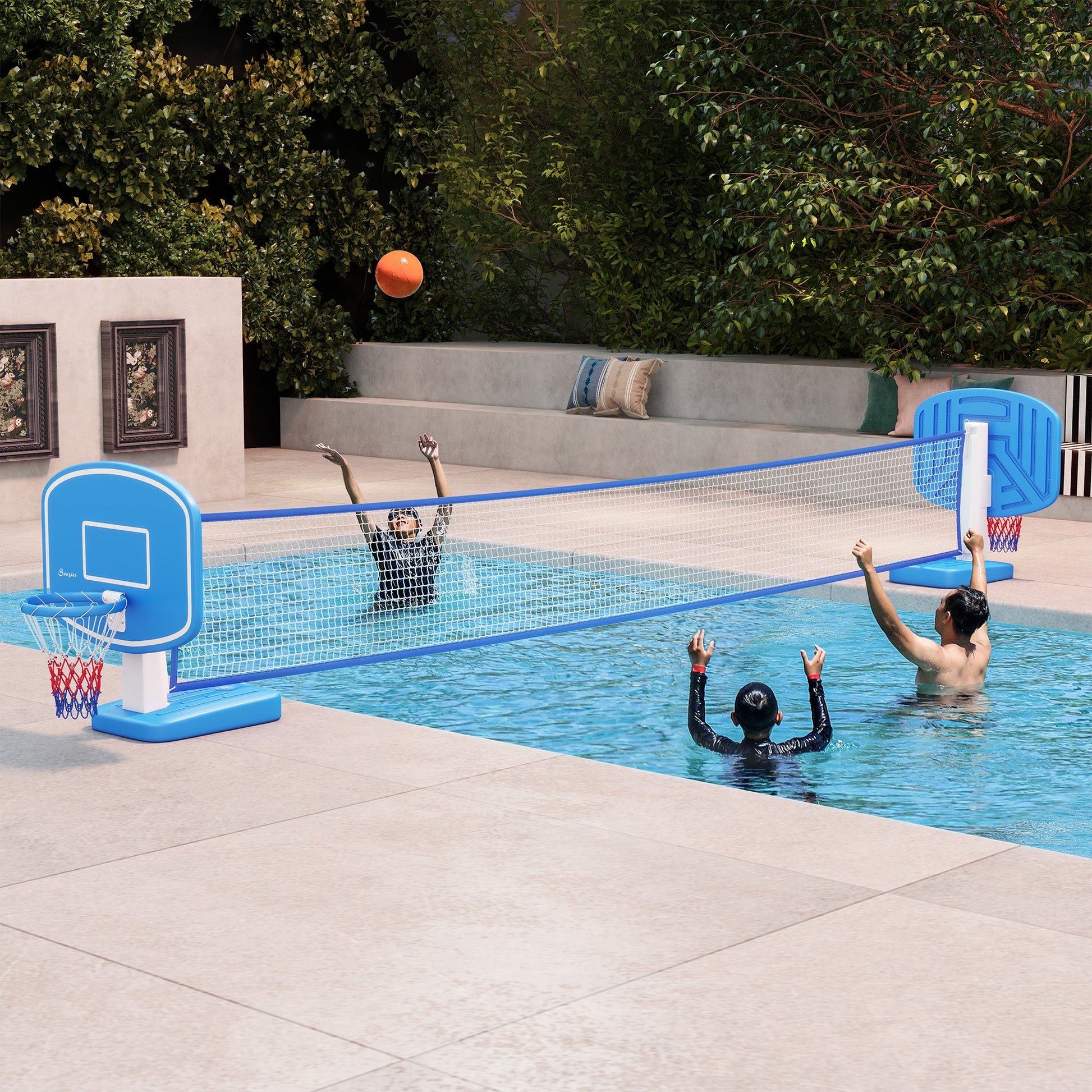 2-in-1 Pool Basketball Hoop Poolside &; Volleyball Set, Portable Basketball Hoop with Fillable Base Basketball Multi Colour  at Gallery Canada