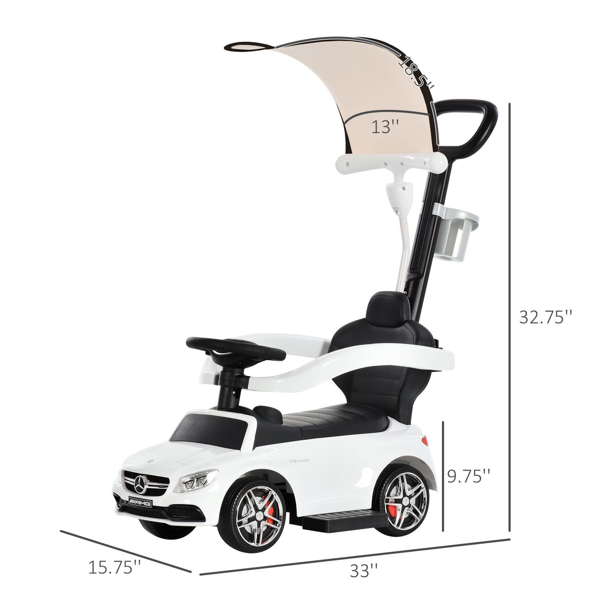 AMG C63 2-in-1 Push Car for Toddlers with Canopy, Horn, Safety Bar, White Push Cars for Toddlers White  at Gallery Canada