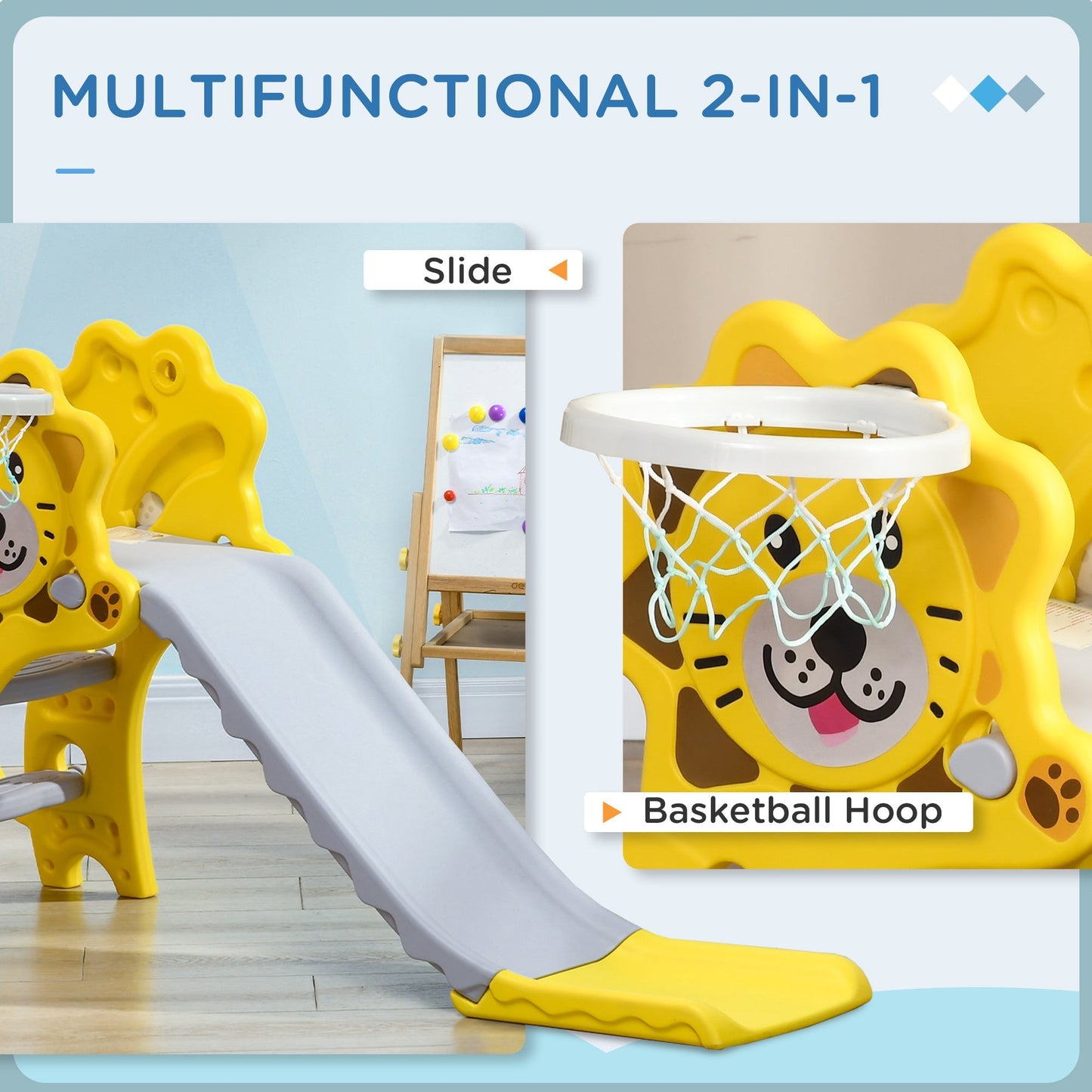 2 in 1 Slide for Toddlers, Kids Slide Playset with Basketball Hoop for 18-36 Months, Yellow Gym Sets & Swings   at Gallery Canada