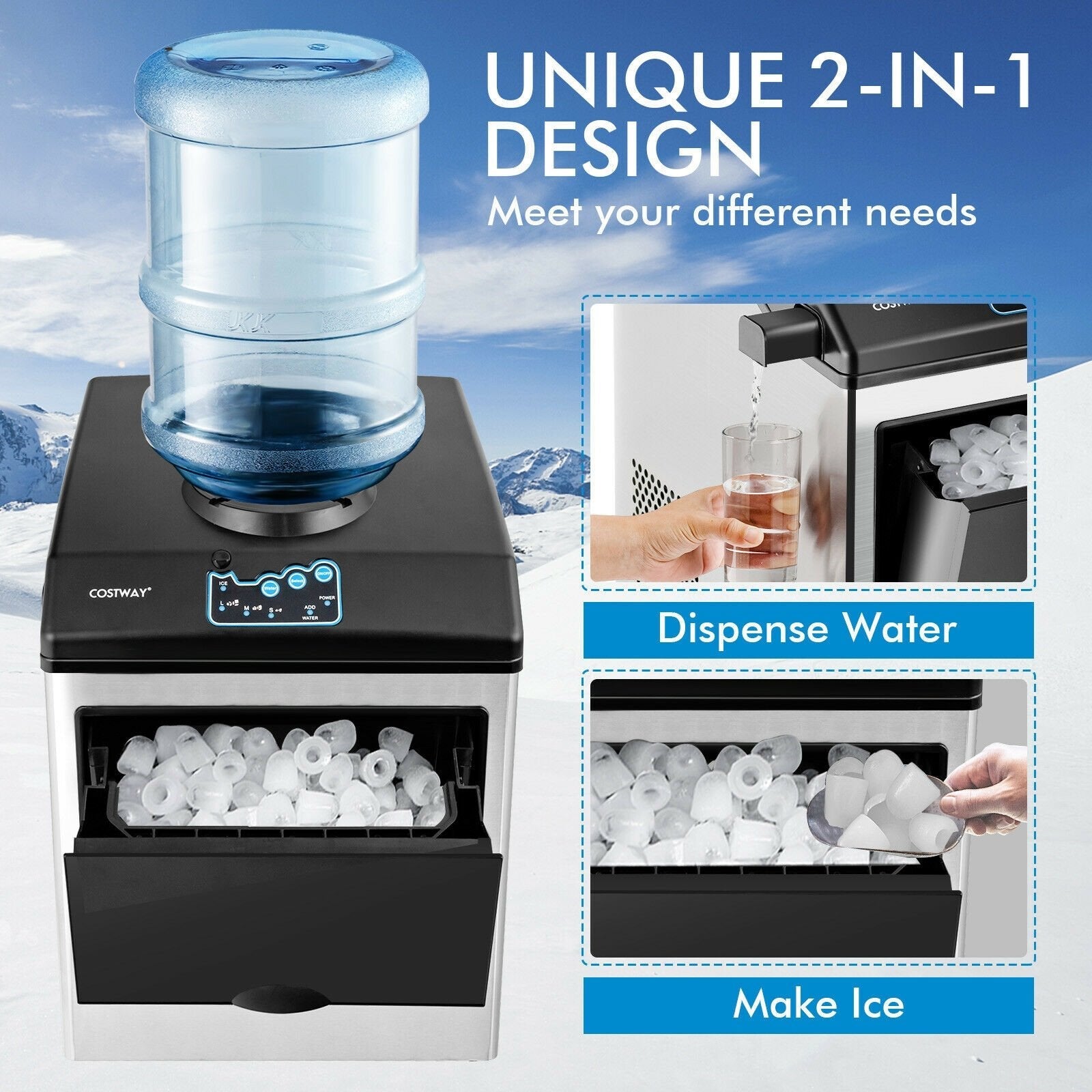 2-in-1 Stainless Steel Countertop Ice Maker with Water Dispenser, Black & Gray Ice Makers   at Gallery Canada