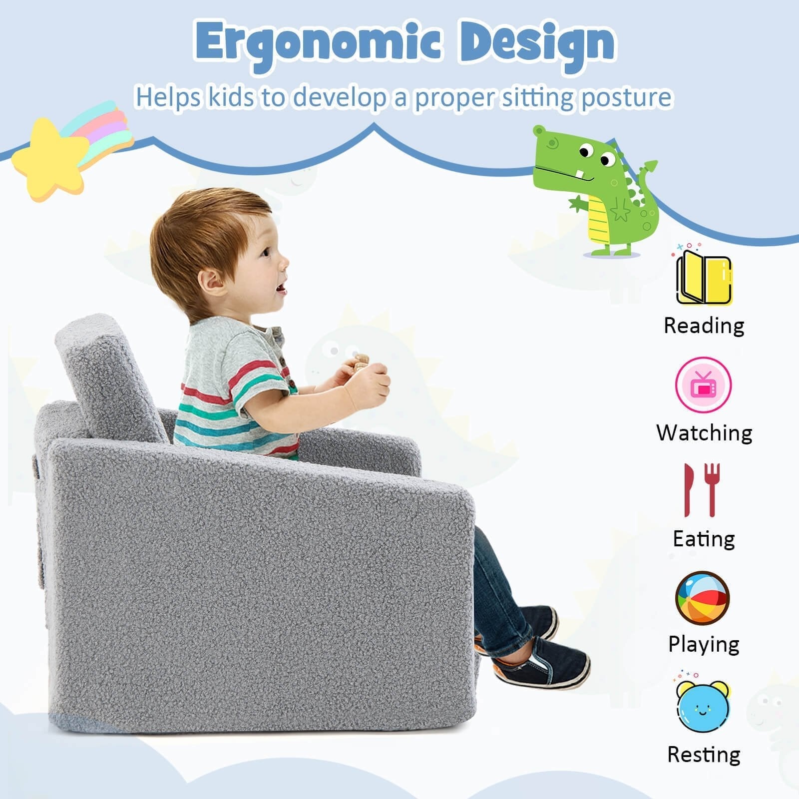 2-in-1 Toddler Fold out Couch, Gray Kids Chairs & Seating   at Gallery Canada