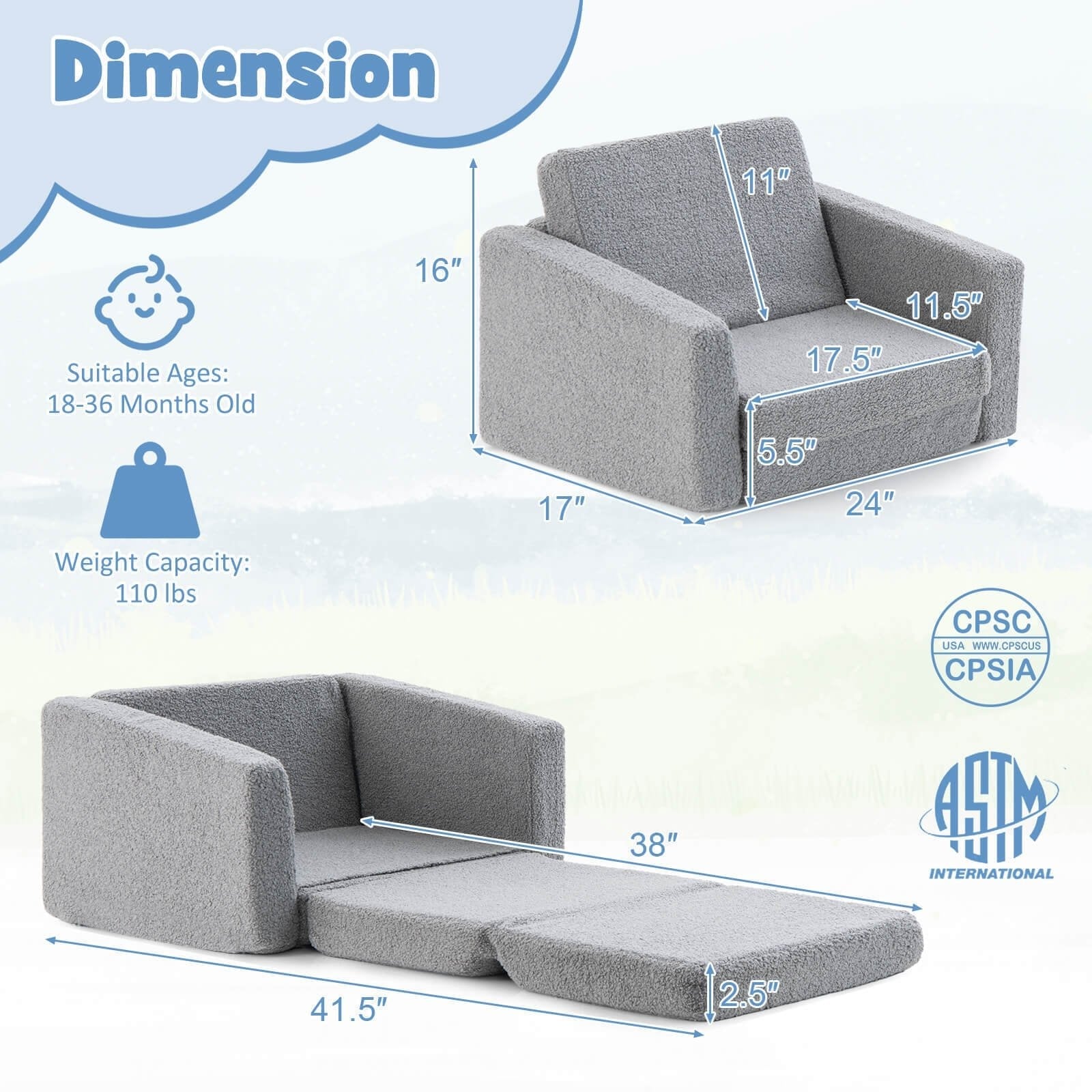 2-in-1 Toddler Fold out Couch, Gray Kids Chairs & Seating   at Gallery Canada