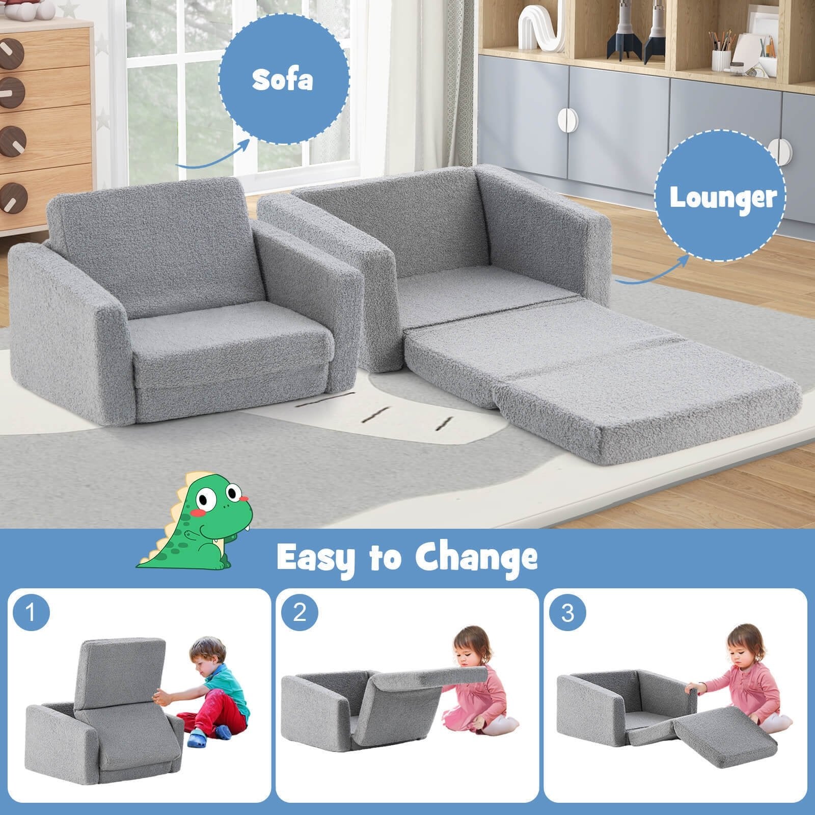 2-in-1 Toddler Fold out Couch, Gray Kids Chairs & Seating   at Gallery Canada