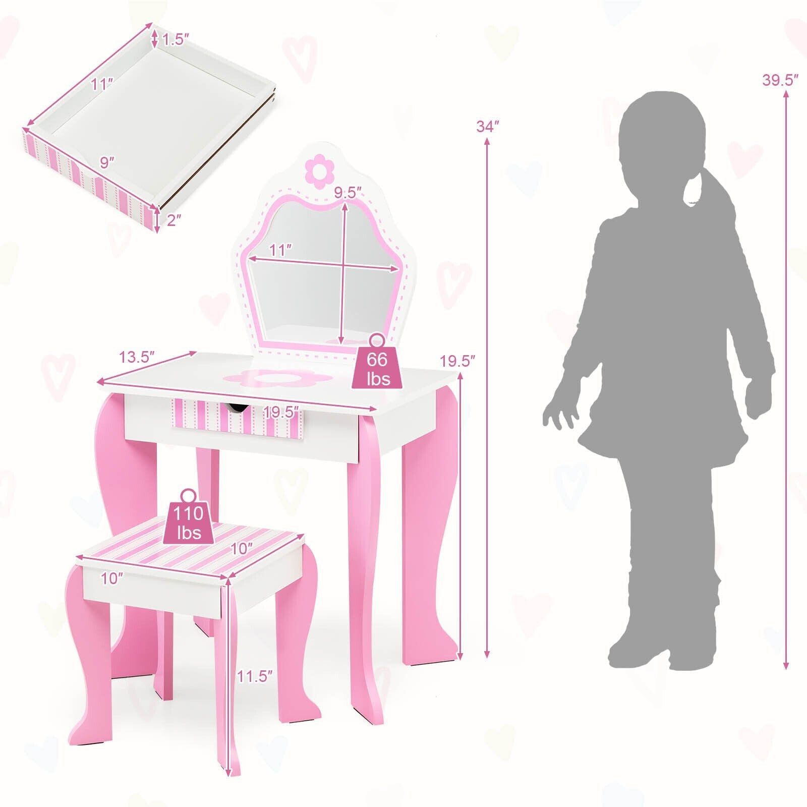 2-in-1 Toddler Vanity Set with Detachable Top & Cute Flower Patterns, White Kids Vanities   at Gallery Canada