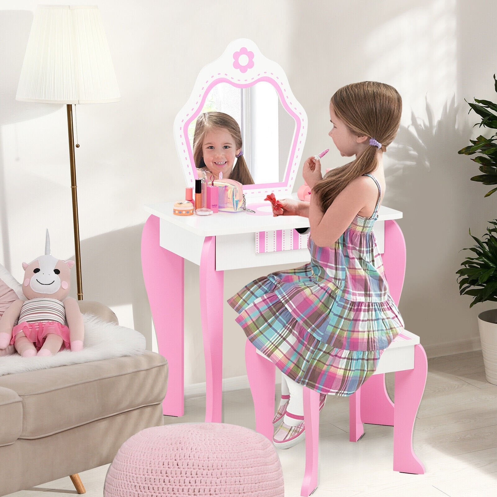 2-in-1 Toddler Vanity Set with Detachable Top & Cute Flower Patterns, White Kids Vanities   at Gallery Canada