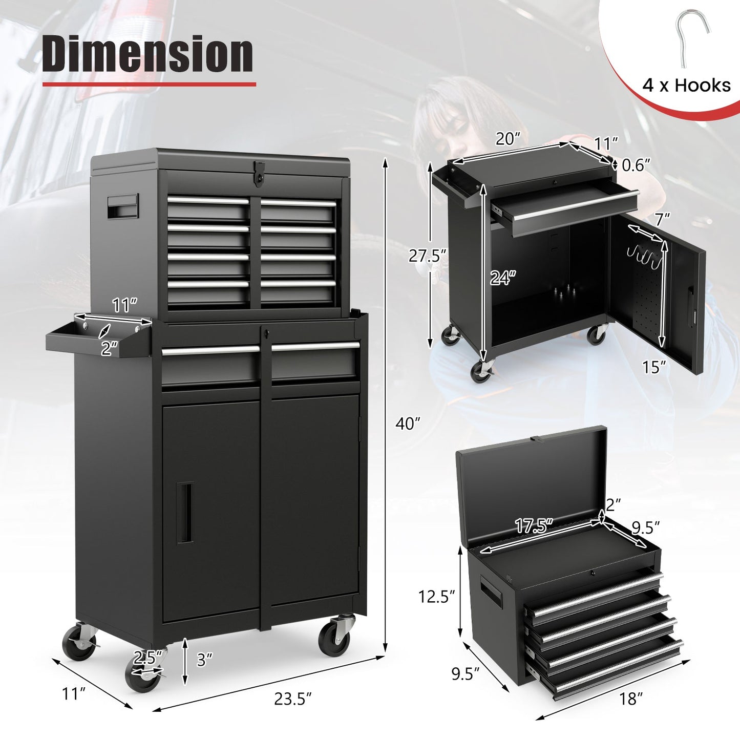 2-in-1 Tool Chest and Cabinet with 5 Sliding Drawers, Black Garages   at Gallery Canada