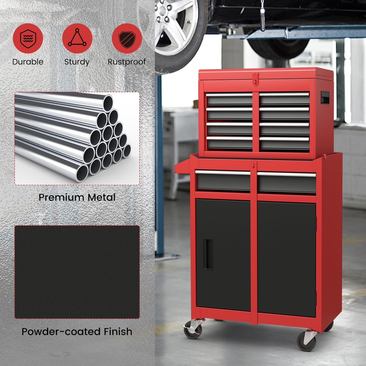 2-in-1 Tool Chest and Cabinet with 5 Sliding Drawers, Black & Red Garages   at Gallery Canada