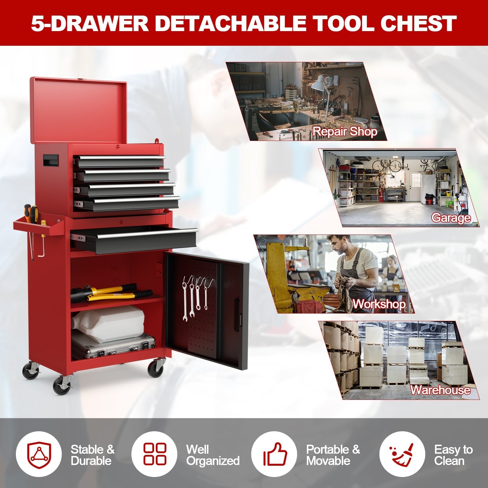 2-in-1 Tool Chest and Cabinet with 5 Sliding Drawers, Black & Red Garages   at Gallery Canada