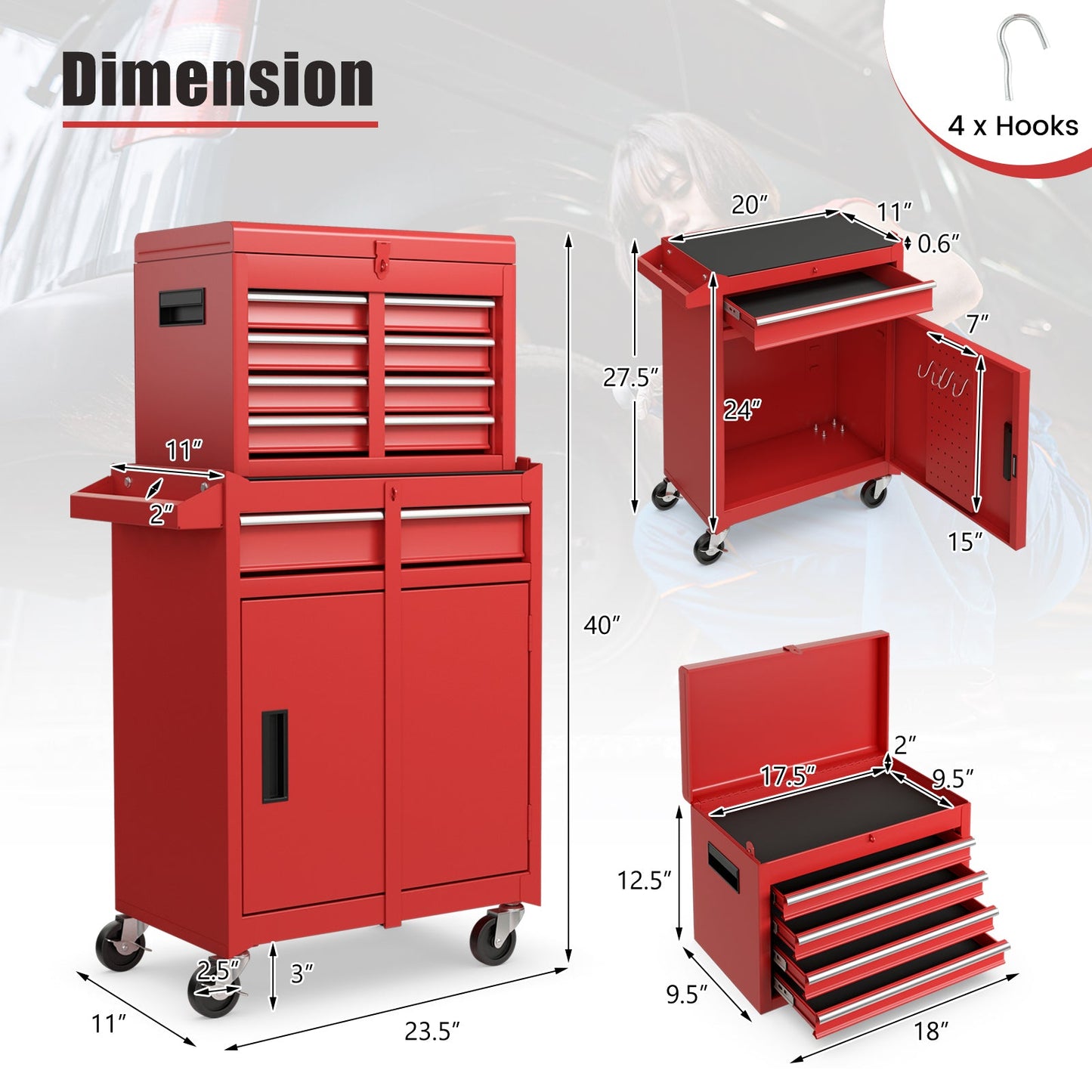 2-in-1 Tool Chest and Cabinet with 5 Sliding Drawers, Red Garages   at Gallery Canada