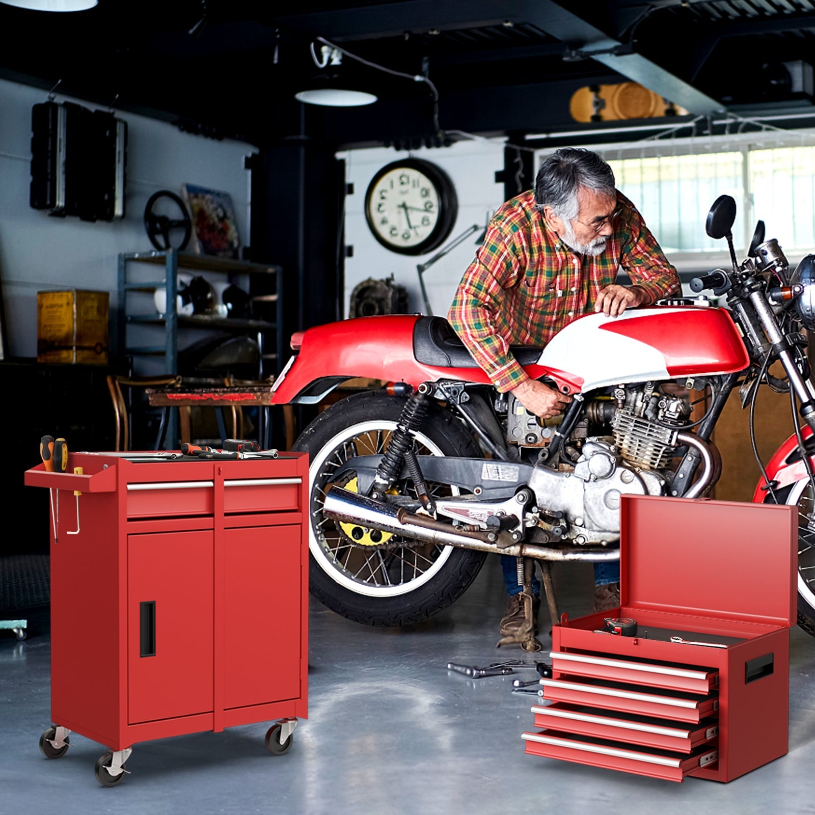 2-in-1 Tool Chest and Cabinet with 5 Sliding Drawers, Red Garages   at Gallery Canada