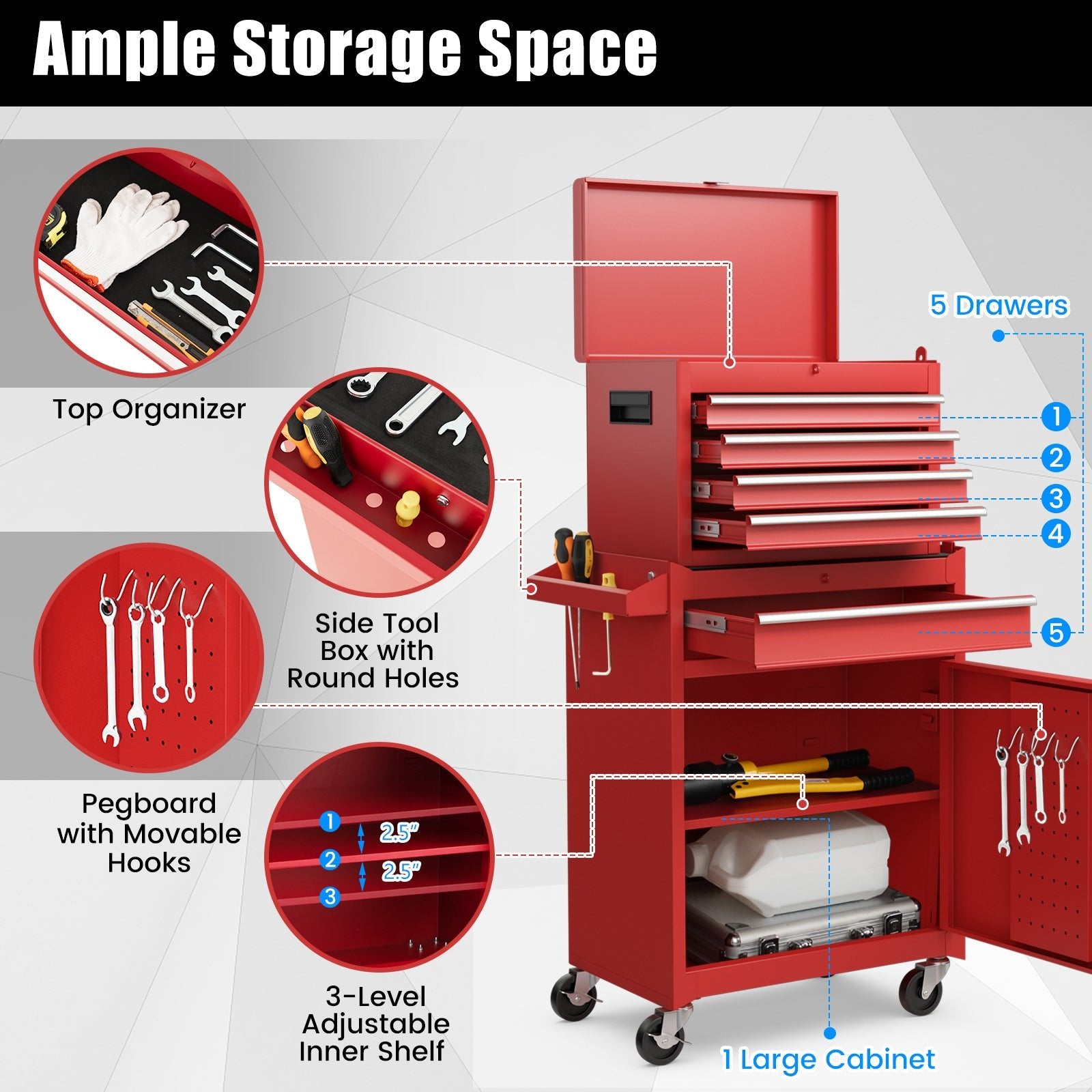 2-in-1 Tool Chest and Cabinet with 5 Sliding Drawers, Red Garages   at Gallery Canada