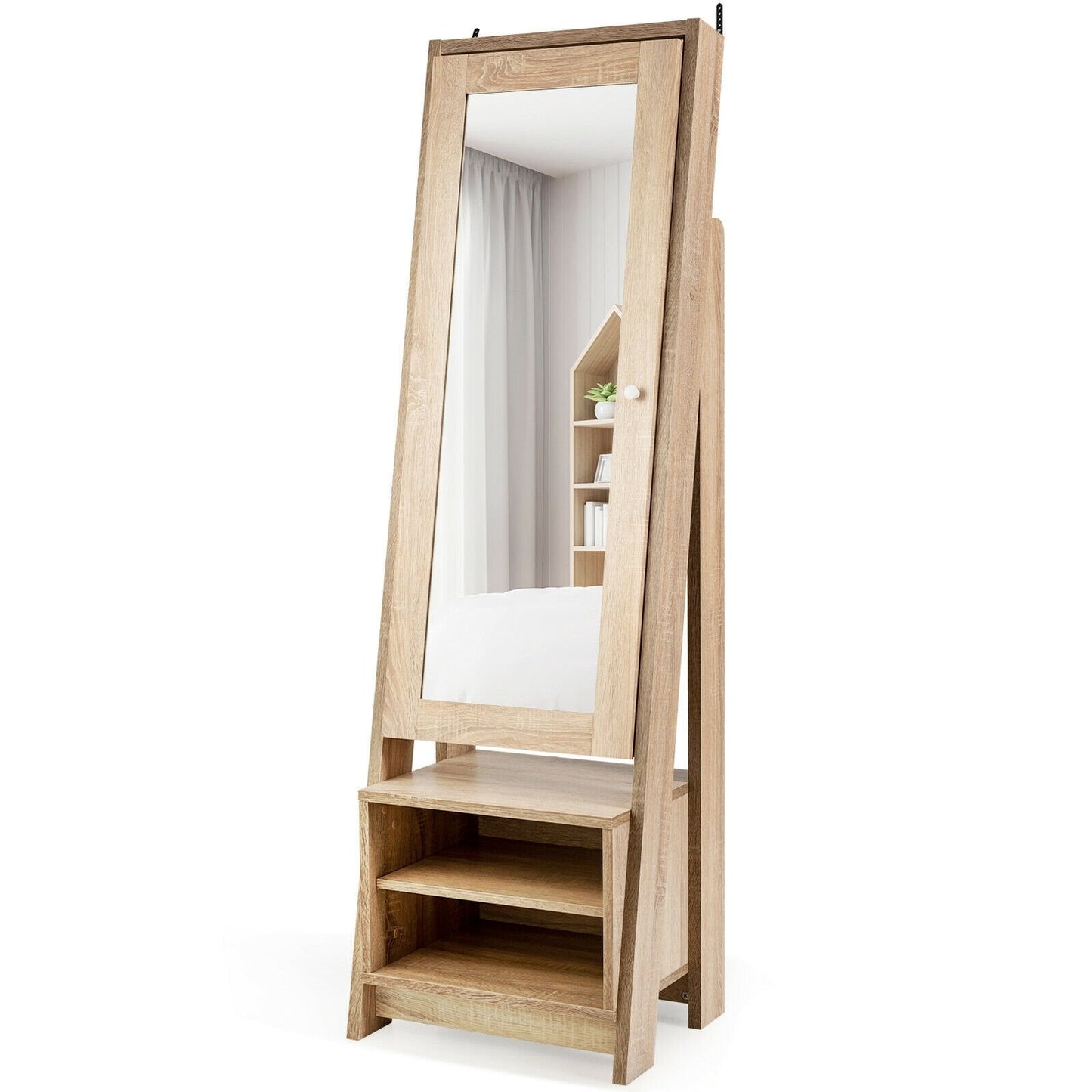 2-in-1 Wooden Cosmetics Storage Cabinet with Full-Length Mirror and Bottom Rack, Natural Jewelry Armoires   at Gallery Canada