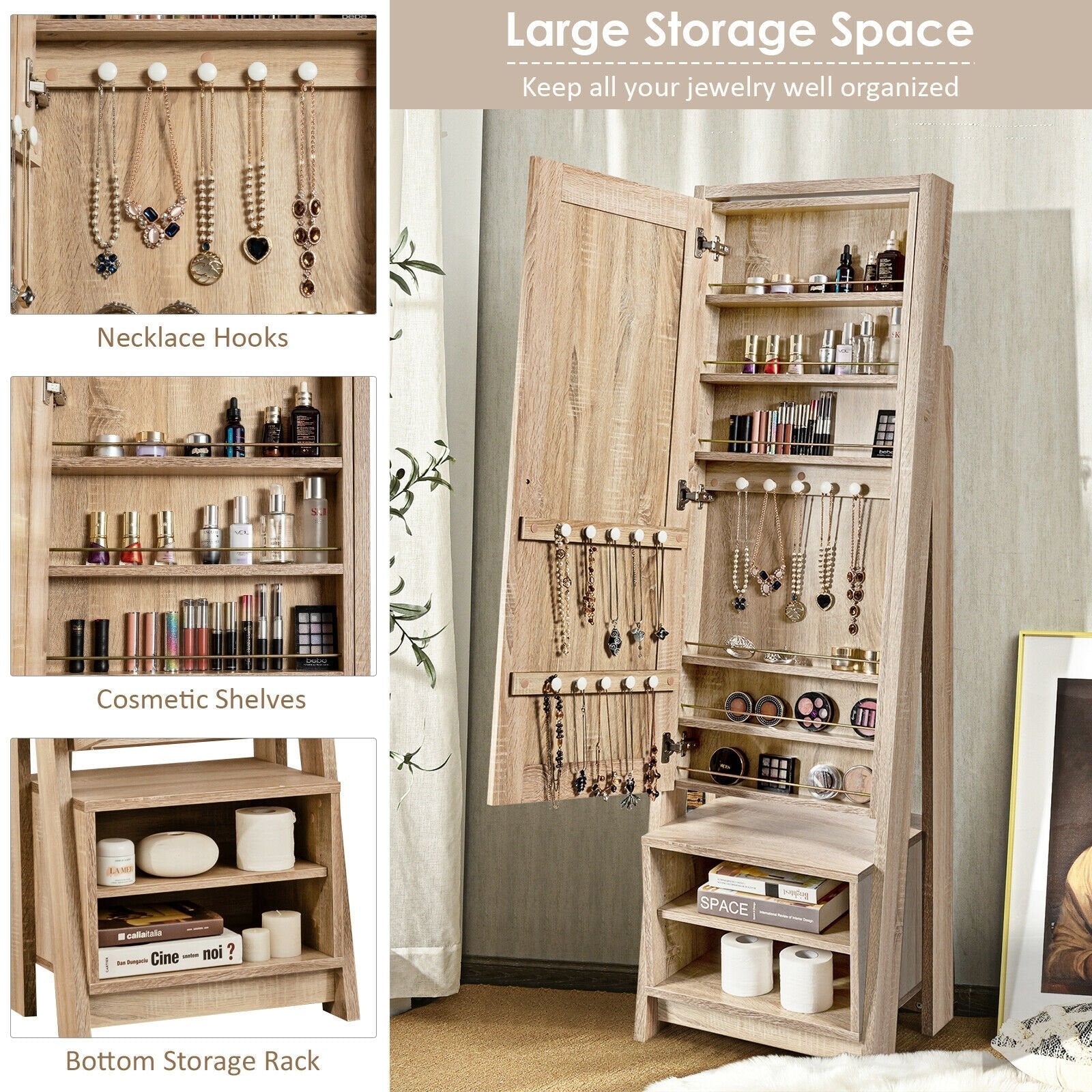 2-in-1 Wooden Cosmetics Storage Cabinet with Full-Length Mirror and Bottom Rack, Natural Jewelry Armoires   at Gallery Canada