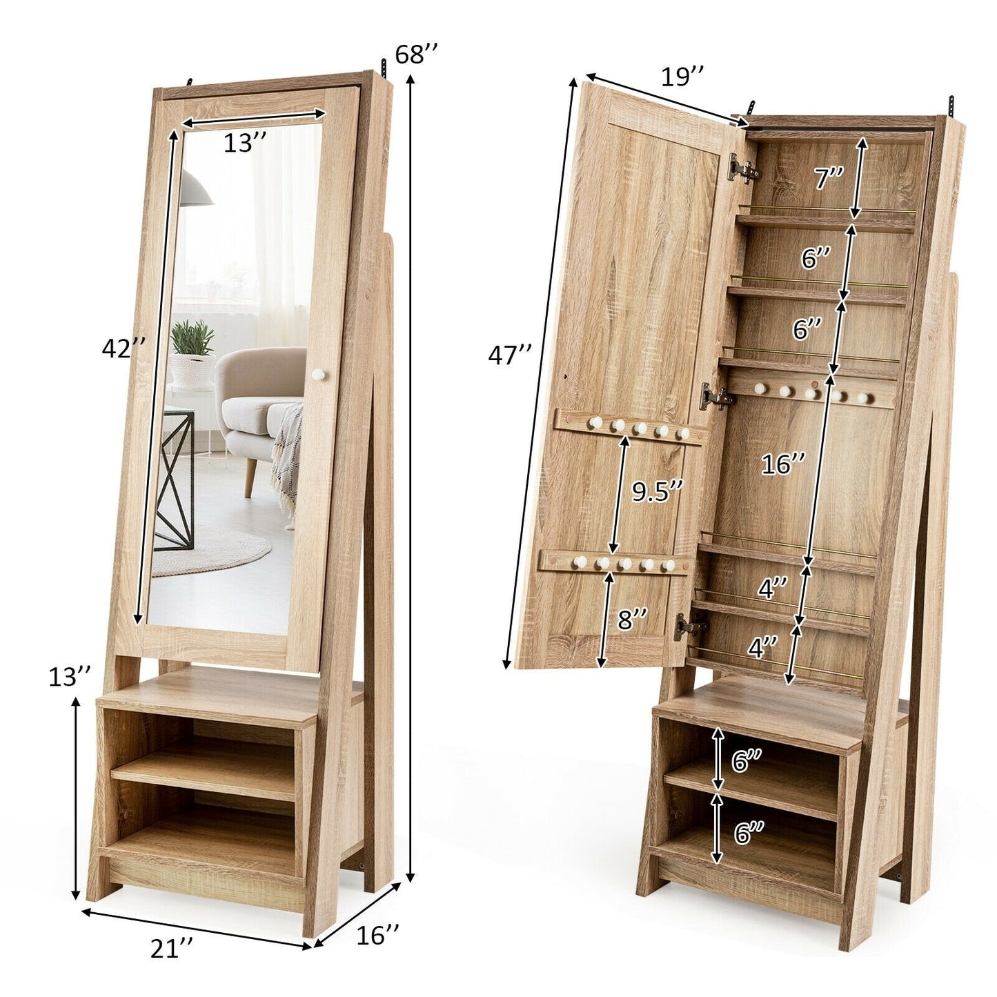 2-in-1 Wooden Cosmetics Storage Cabinet with Full-Length Mirror and Bottom Rack, Natural Jewelry Armoires   at Gallery Canada