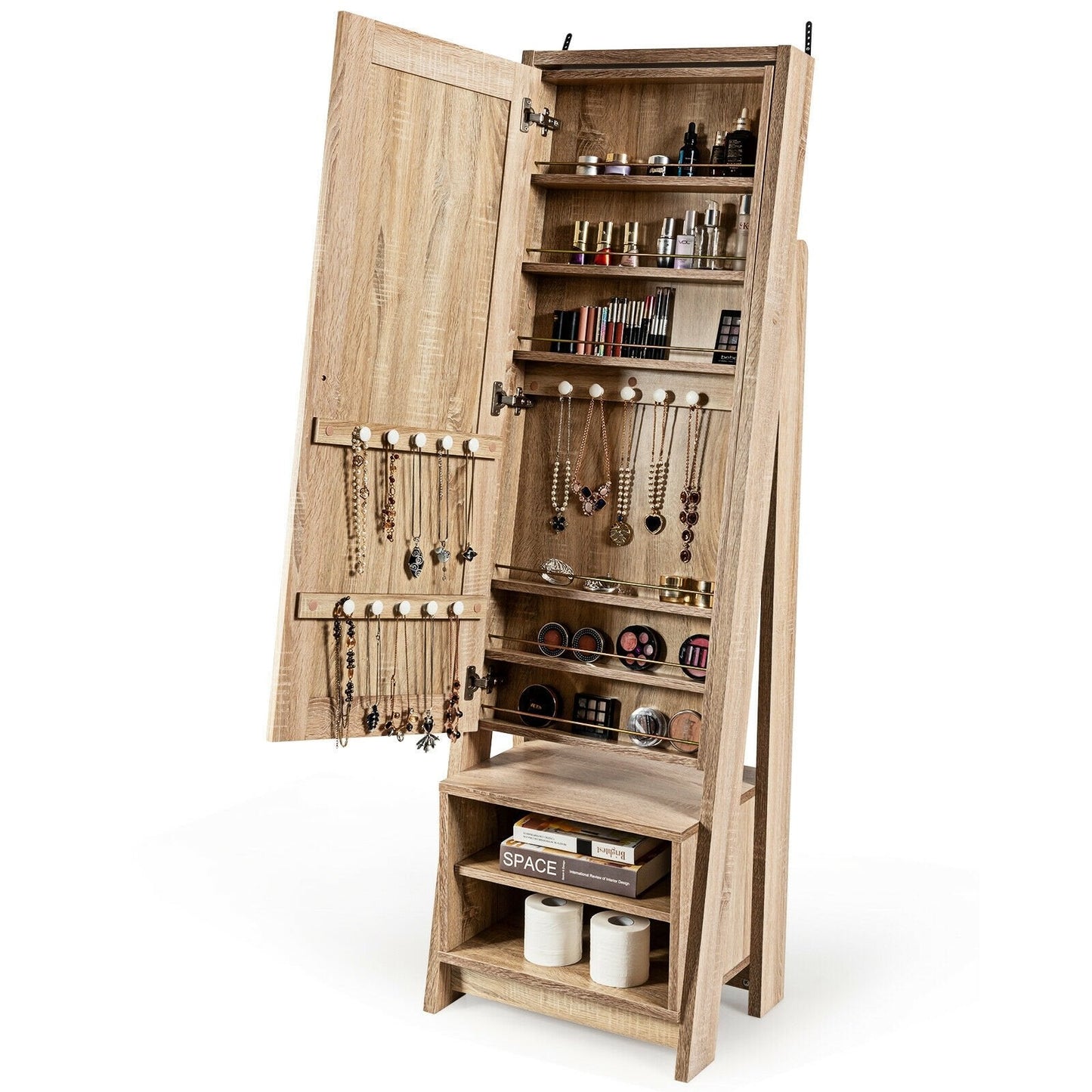 2-in-1 Wooden Cosmetics Storage Cabinet with Full-Length Mirror and Bottom Rack, Natural Jewelry Armoires   at Gallery Canada