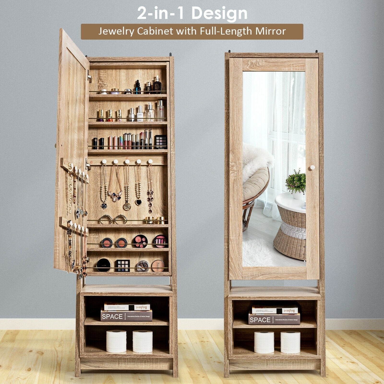 2-in-1 Wooden Cosmetics Storage Cabinet with Full-Length Mirror and Bottom Rack, Natural Jewelry Armoires   at Gallery Canada