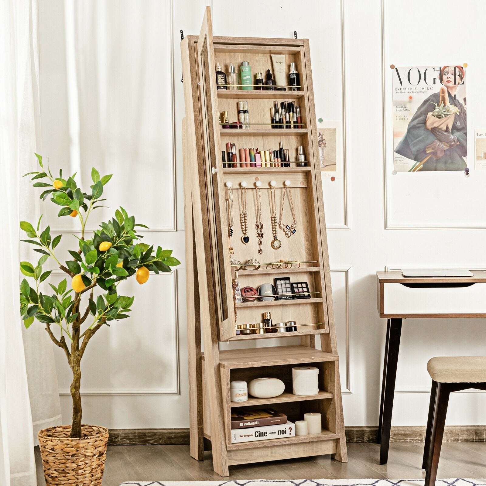 2-in-1 Wooden Cosmetics Storage Cabinet with Full-Length Mirror and Bottom Rack, Natural Jewelry Armoires   at Gallery Canada