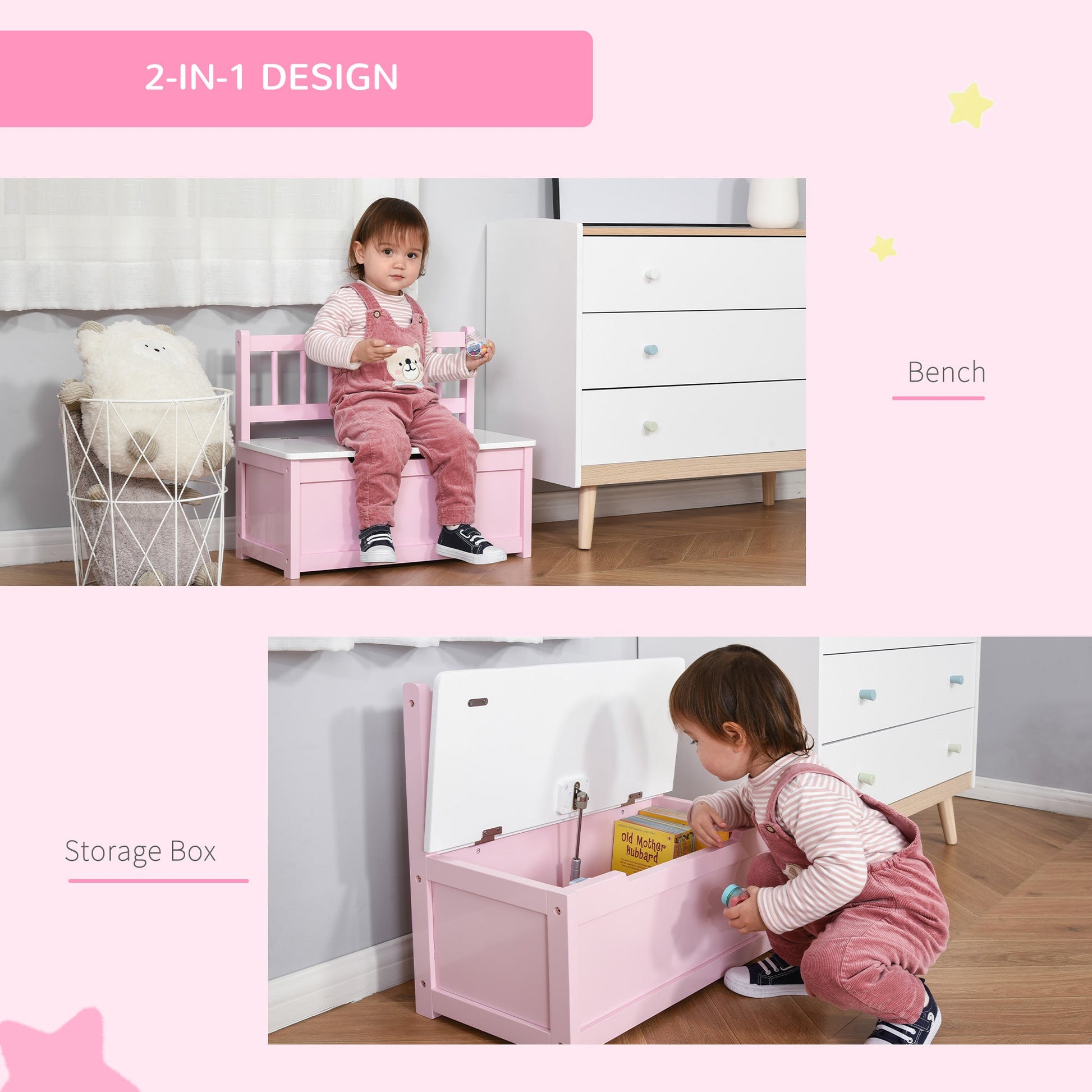 2-IN-1 Wooden Kids Toy Box Storage Bench Seat Chest Cabinet Chunk Cube with Safety Pneumatic Rod Pink Baby & Kids Storage   at Gallery Canada