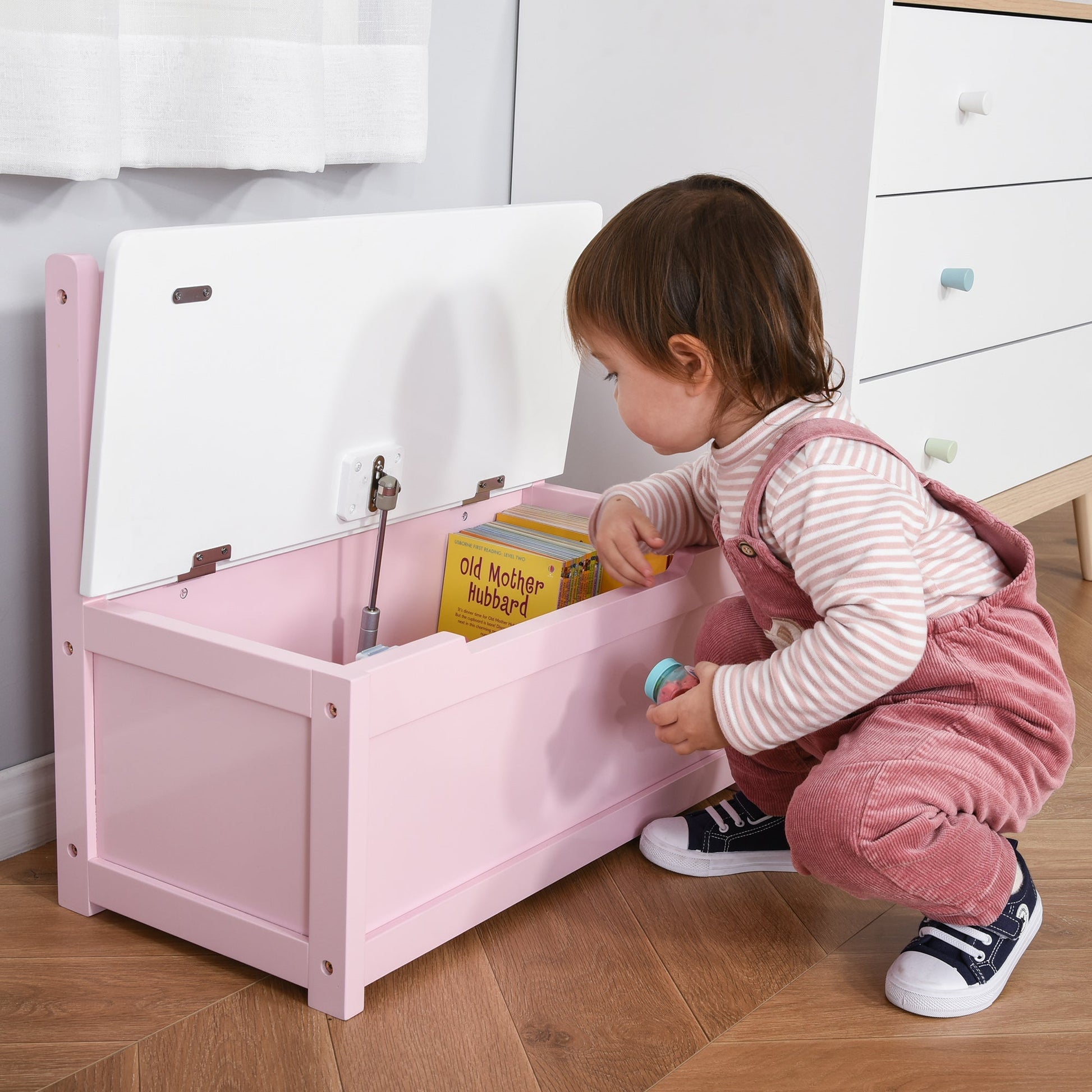 2-IN-1 Wooden Kids Toy Box Storage Bench Seat Chest Cabinet Chunk Cube with Safety Pneumatic Rod Pink Baby & Kids Storage   at Gallery Canada