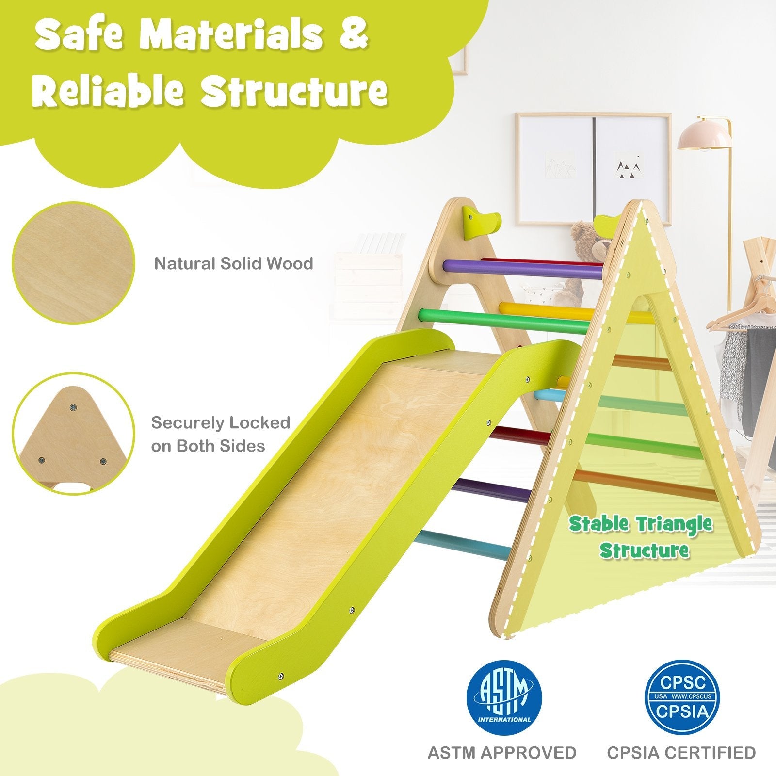 2-in-1 Wooden Triangle Climber Set with Gradient Adjustable Slide, Multicolor Climbers & Slides   at Gallery Canada