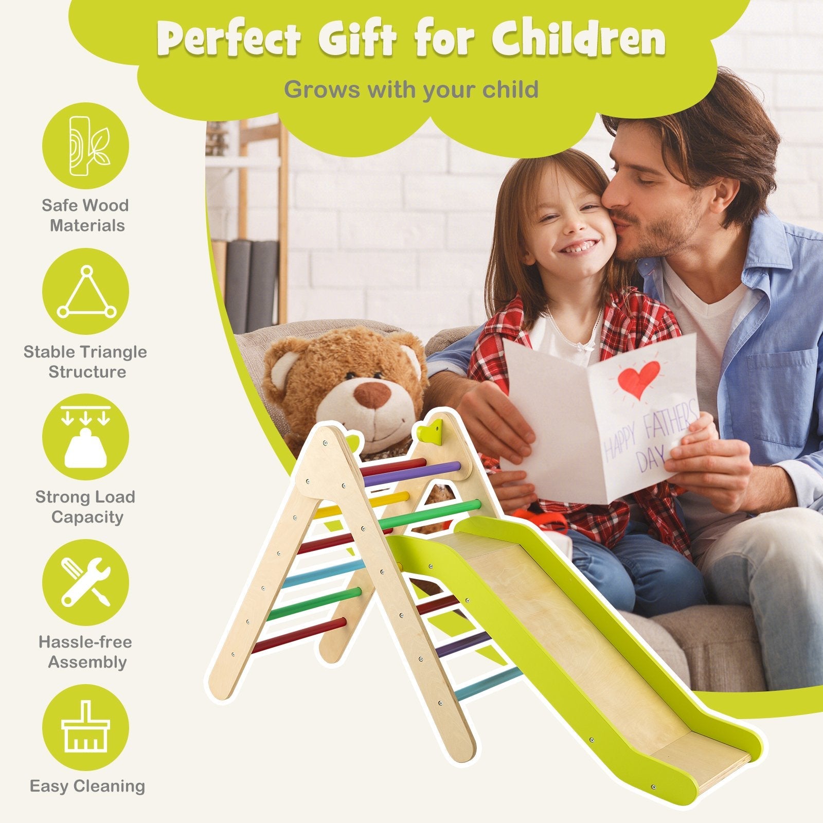 2-in-1 Wooden Triangle Climber Set with Gradient Adjustable Slide, Multicolor Climbers & Slides   at Gallery Canada