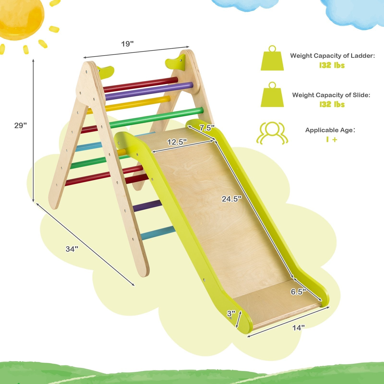 2-in-1 Wooden Triangle Climber Set with Gradient Adjustable Slide, Multicolor Climbers & Slides   at Gallery Canada