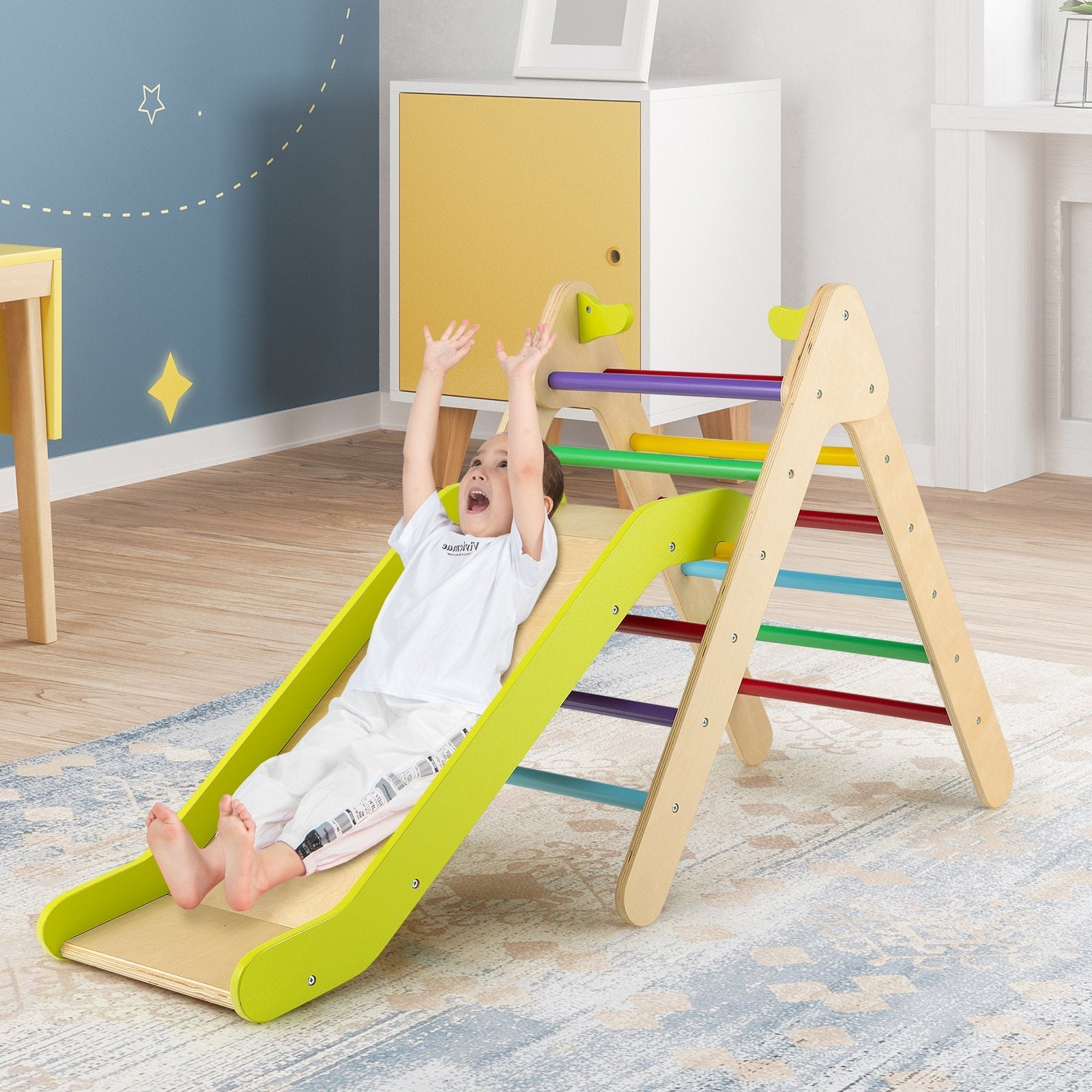 2-in-1 Wooden Triangle Climber Set with Gradient Adjustable Slide, Multicolor Climbers & Slides   at Gallery Canada