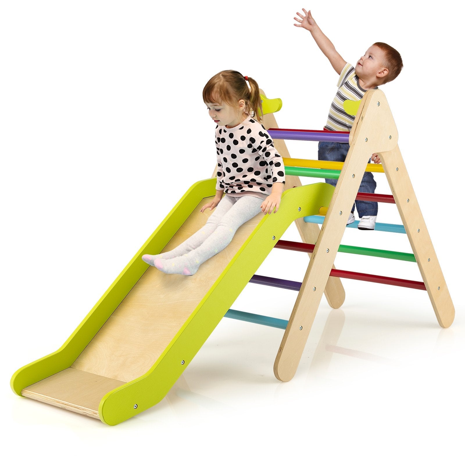 2-in-1 Wooden Triangle Climber Set with Gradient Adjustable Slide, Multicolor Climbers & Slides   at Gallery Canada