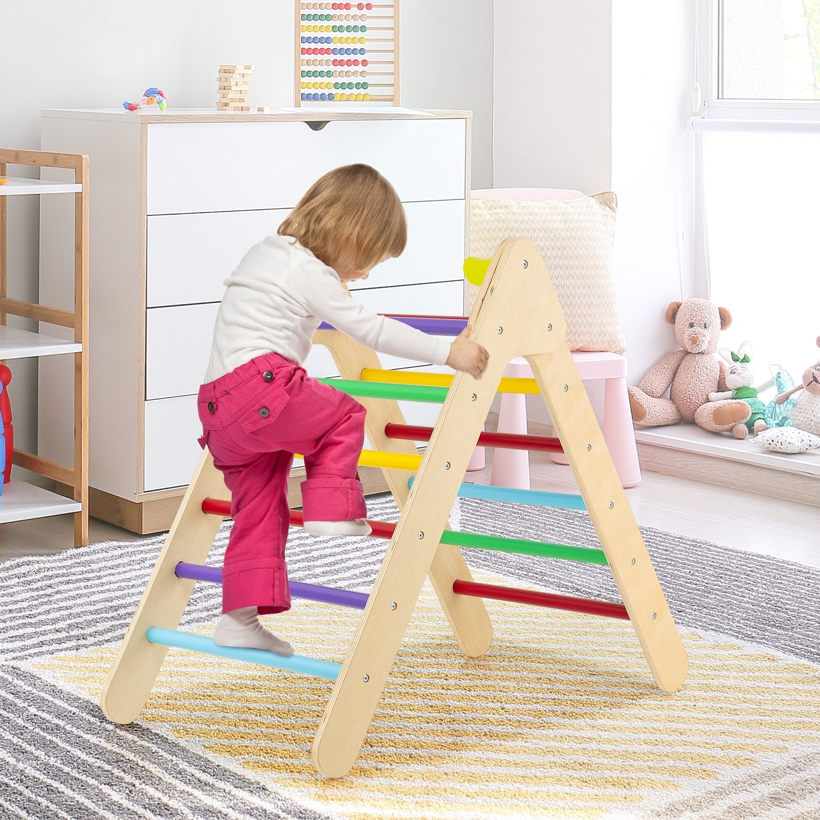 2-in-1 Wooden Triangle Climber Set with Gradient Adjustable Slide, Multicolor Climbers & Slides   at Gallery Canada