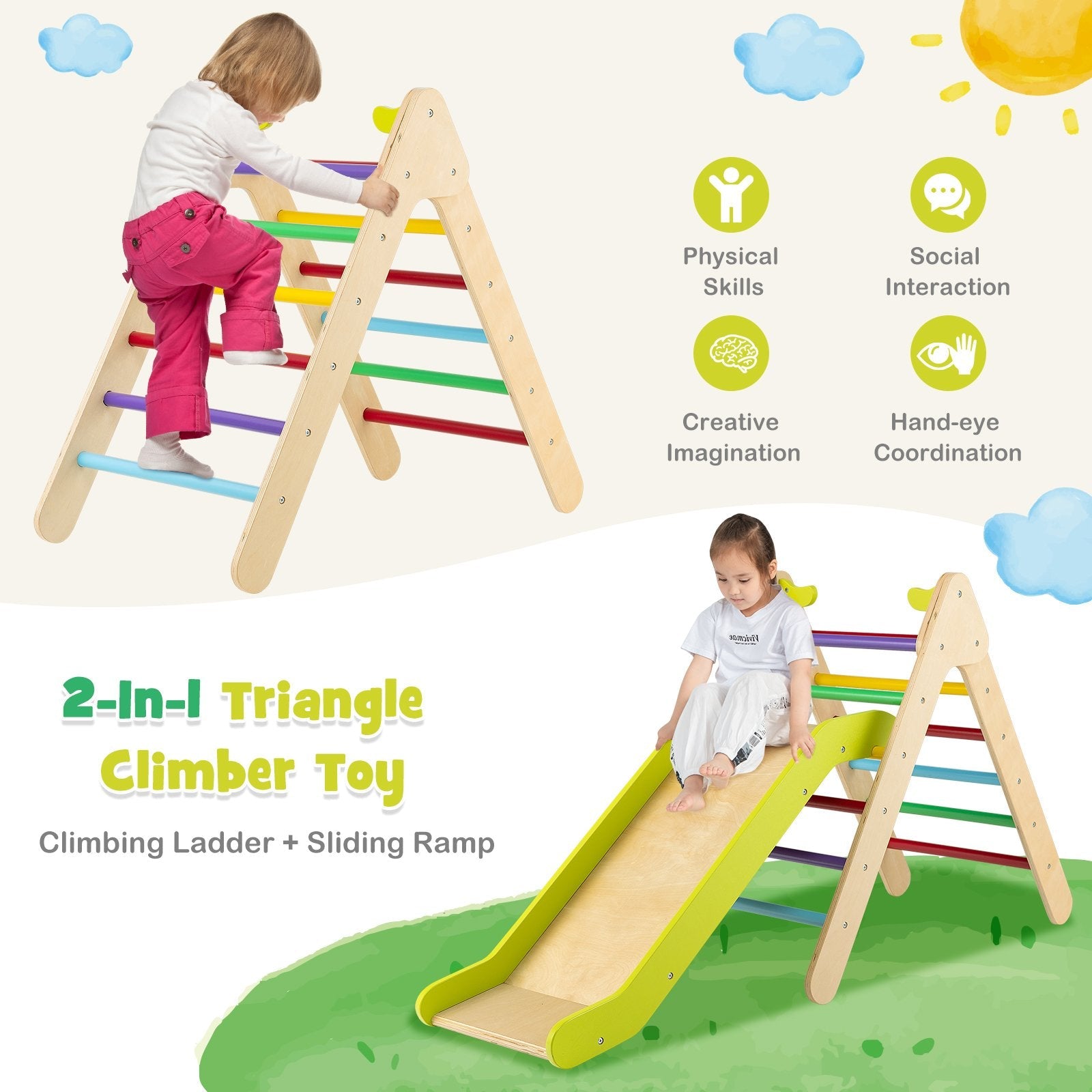 2-in-1 Wooden Triangle Climber Set with Gradient Adjustable Slide, Multicolor Climbers & Slides   at Gallery Canada