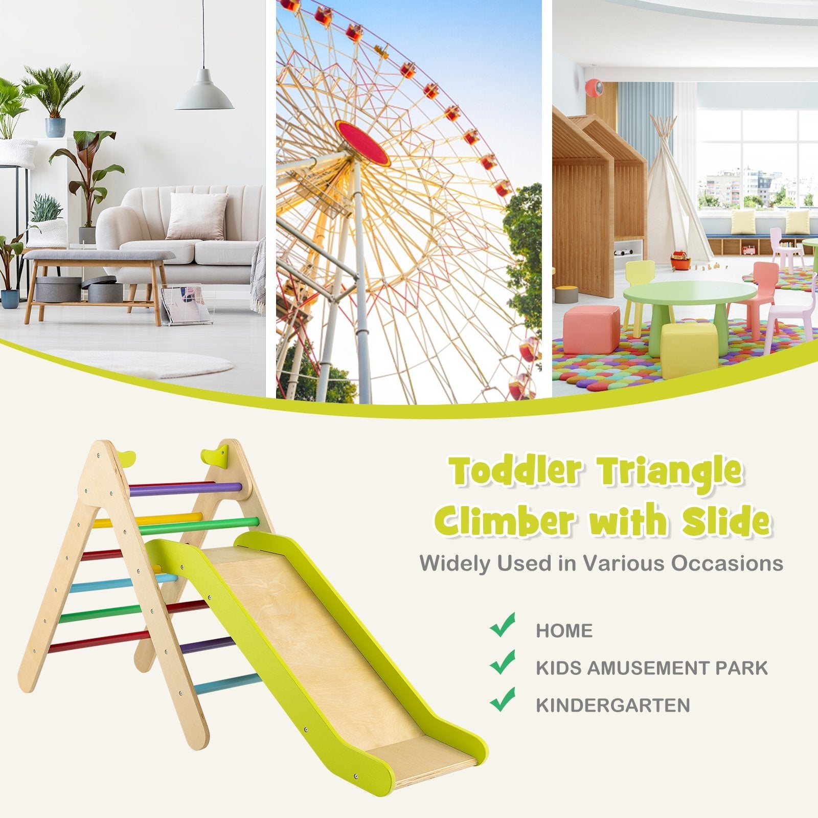 2-in-1 Wooden Triangle Climber Set with Gradient Adjustable Slide, Multicolor Climbers & Slides   at Gallery Canada