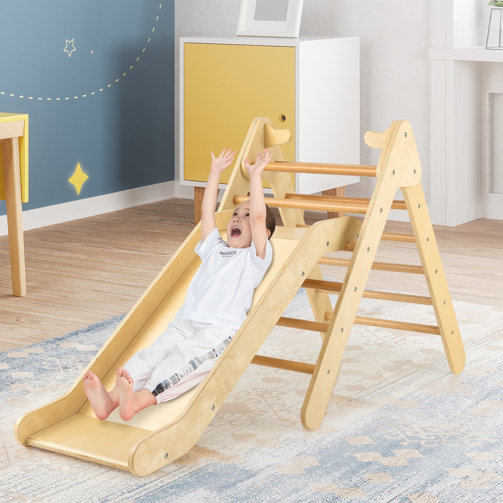 2-in-1 Wooden Triangle Climber Set with Gradient Adjustable Slide, Natural Climbers & Slides   at Gallery Canada