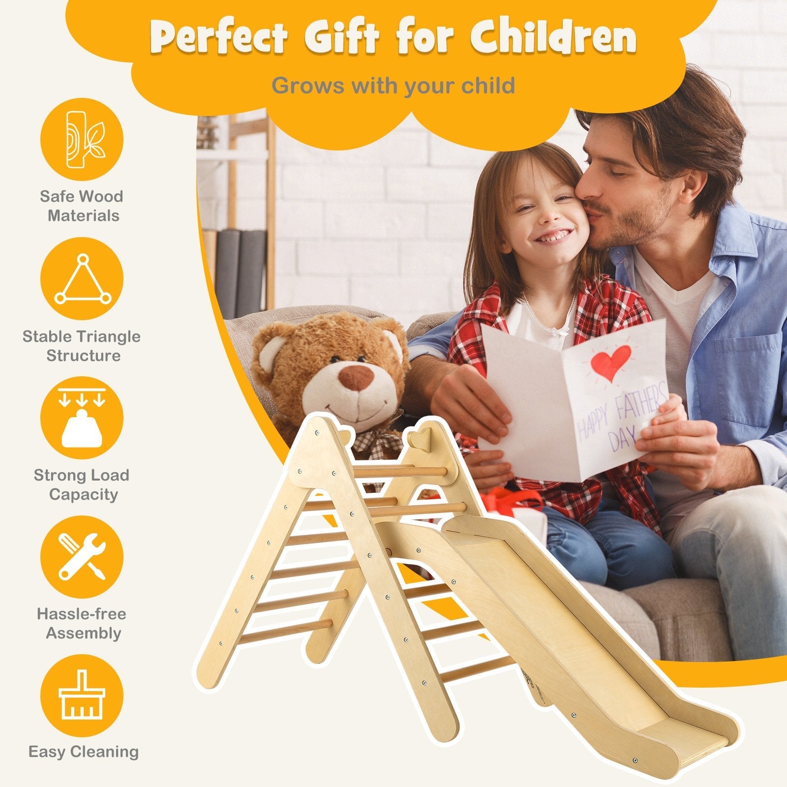 2-in-1 Wooden Triangle Climber Set with Gradient Adjustable Slide, Natural Climbers & Slides   at Gallery Canada