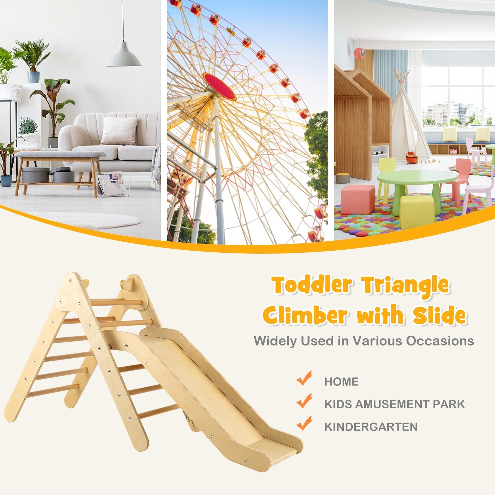 2-in-1 Wooden Triangle Climber Set with Gradient Adjustable Slide, Natural Climbers & Slides   at Gallery Canada