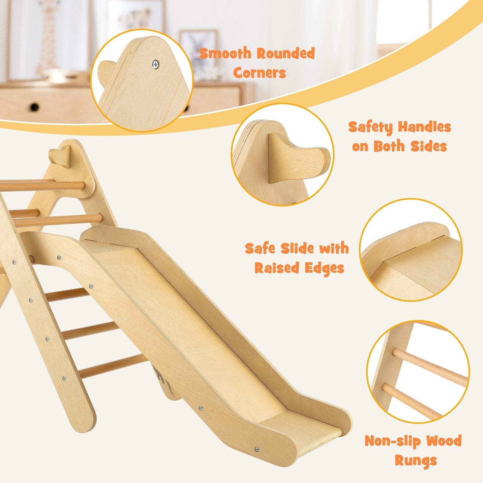 2-in-1 Wooden Triangle Climber Set with Gradient Adjustable Slide, Natural Climbers & Slides   at Gallery Canada