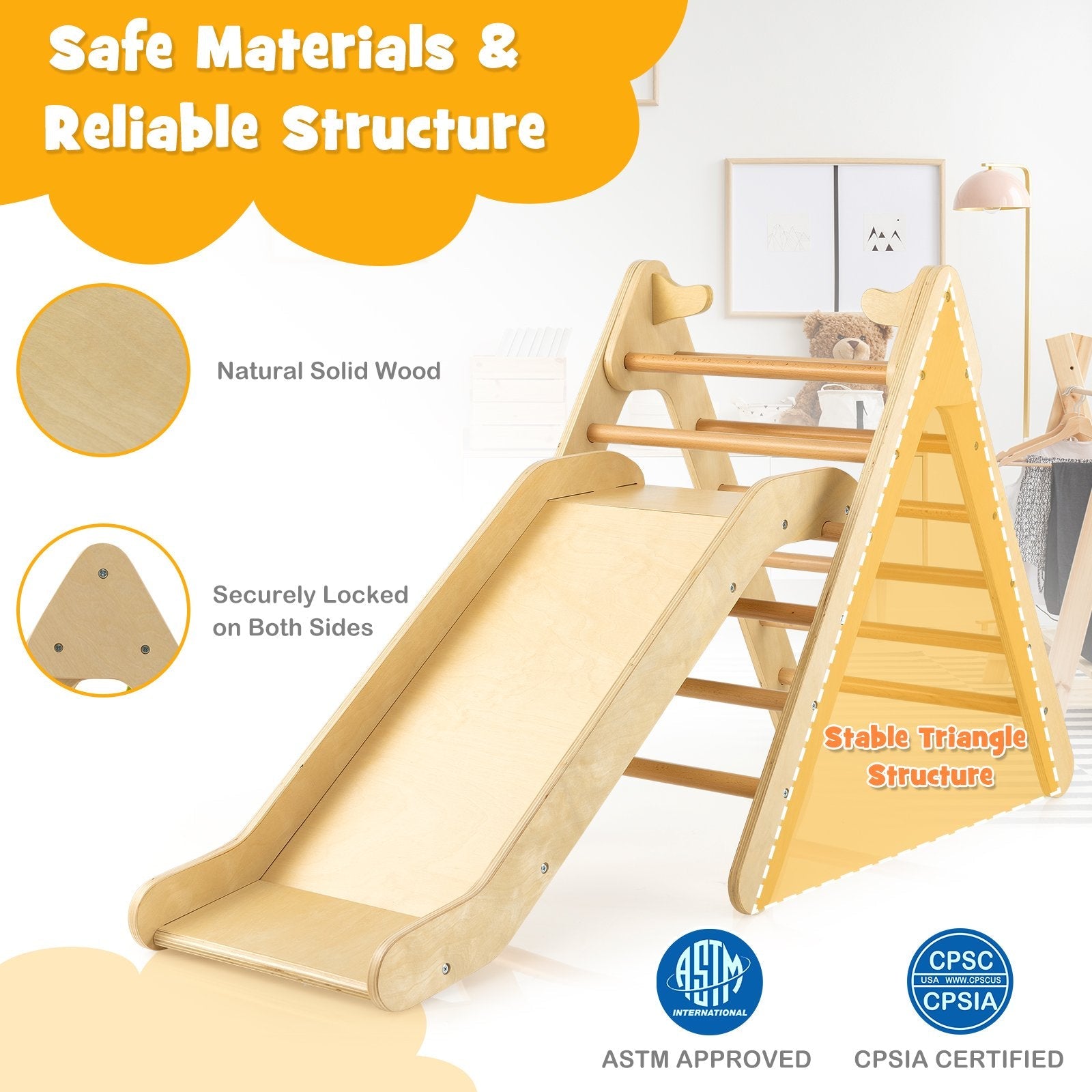 2-in-1 Wooden Triangle Climber Set with Gradient Adjustable Slide, Natural Climbers & Slides   at Gallery Canada