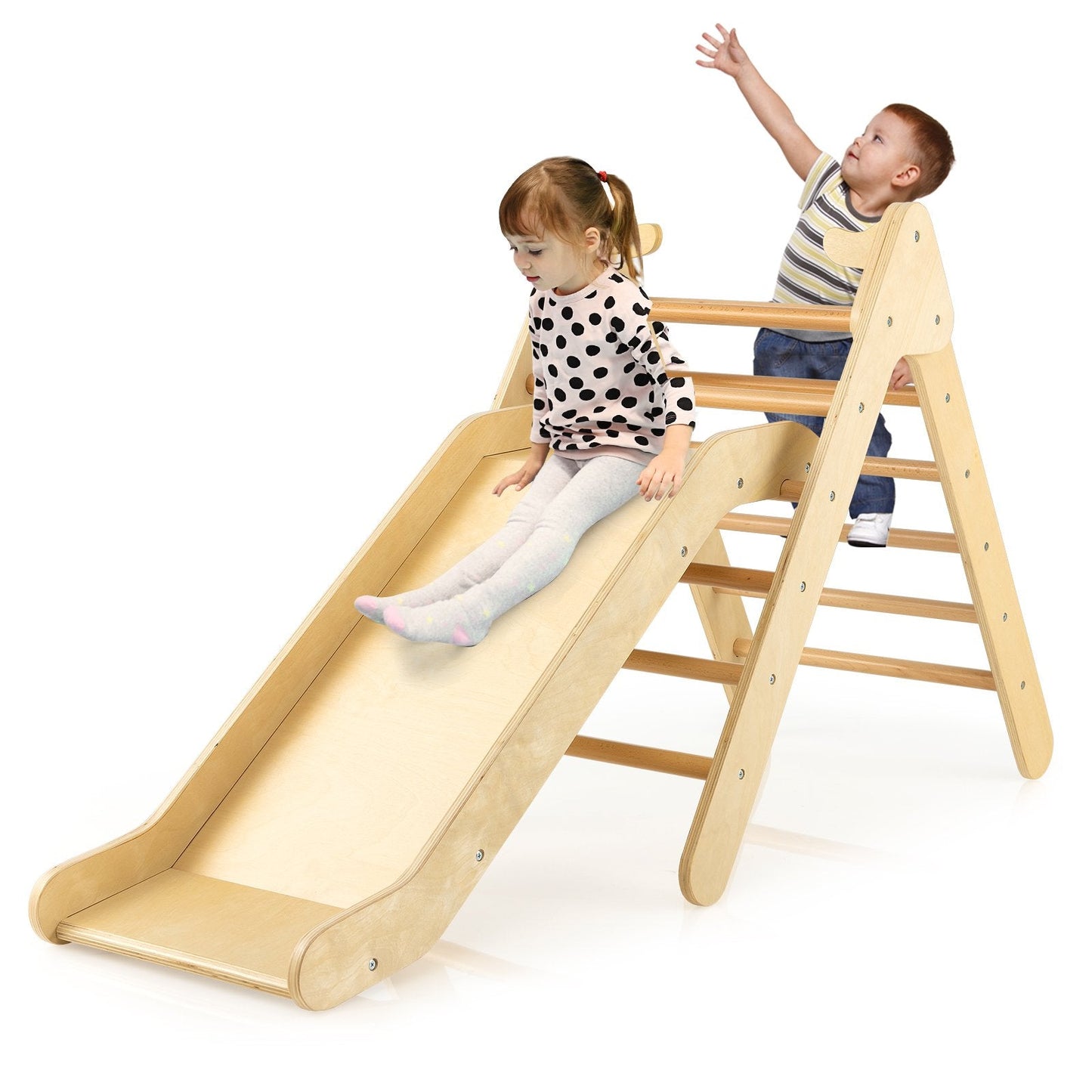 2-in-1 Wooden Triangle Climber Set with Gradient Adjustable Slide, Natural Climbers & Slides   at Gallery Canada