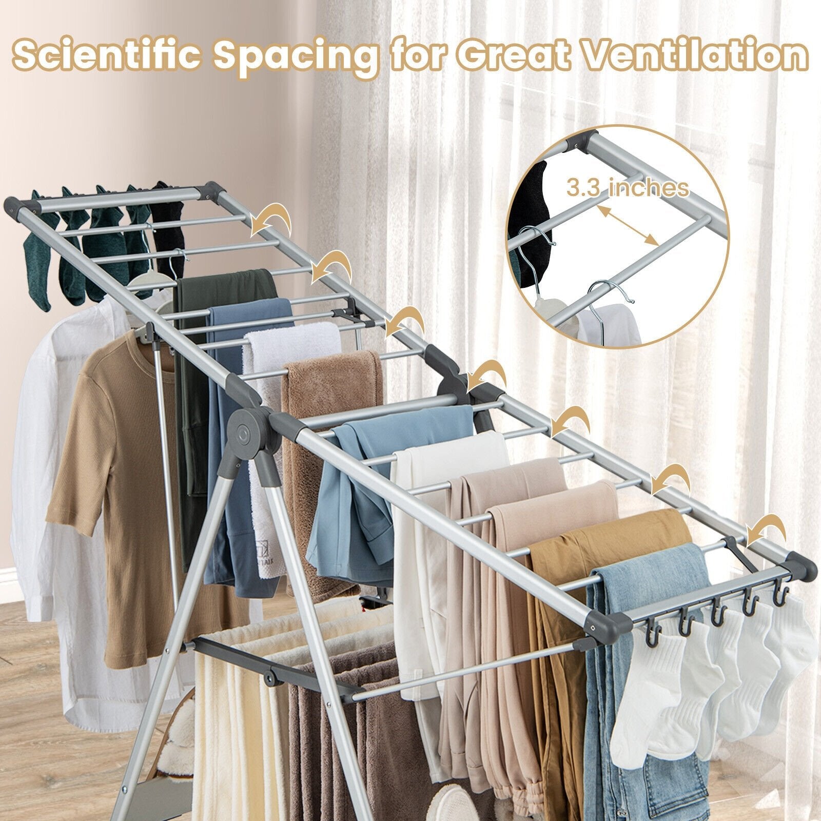 2-Layer Folding Clothes Drying Rack with 5-Level Adjustable Height, Silver Drying Racks   at Gallery Canada