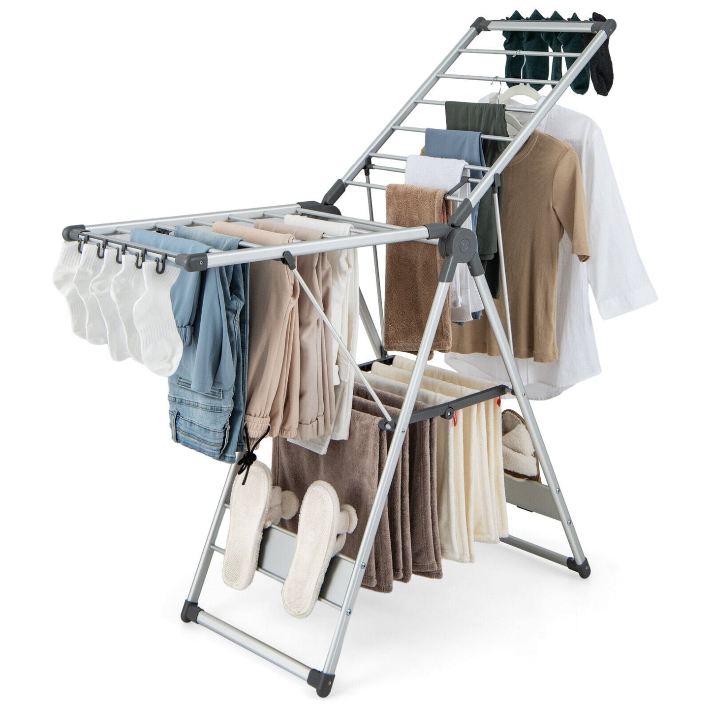 2-Layer Folding Clothes Drying Rack with 5-Level Adjustable Height, Silver Drying Racks   at Gallery Canada