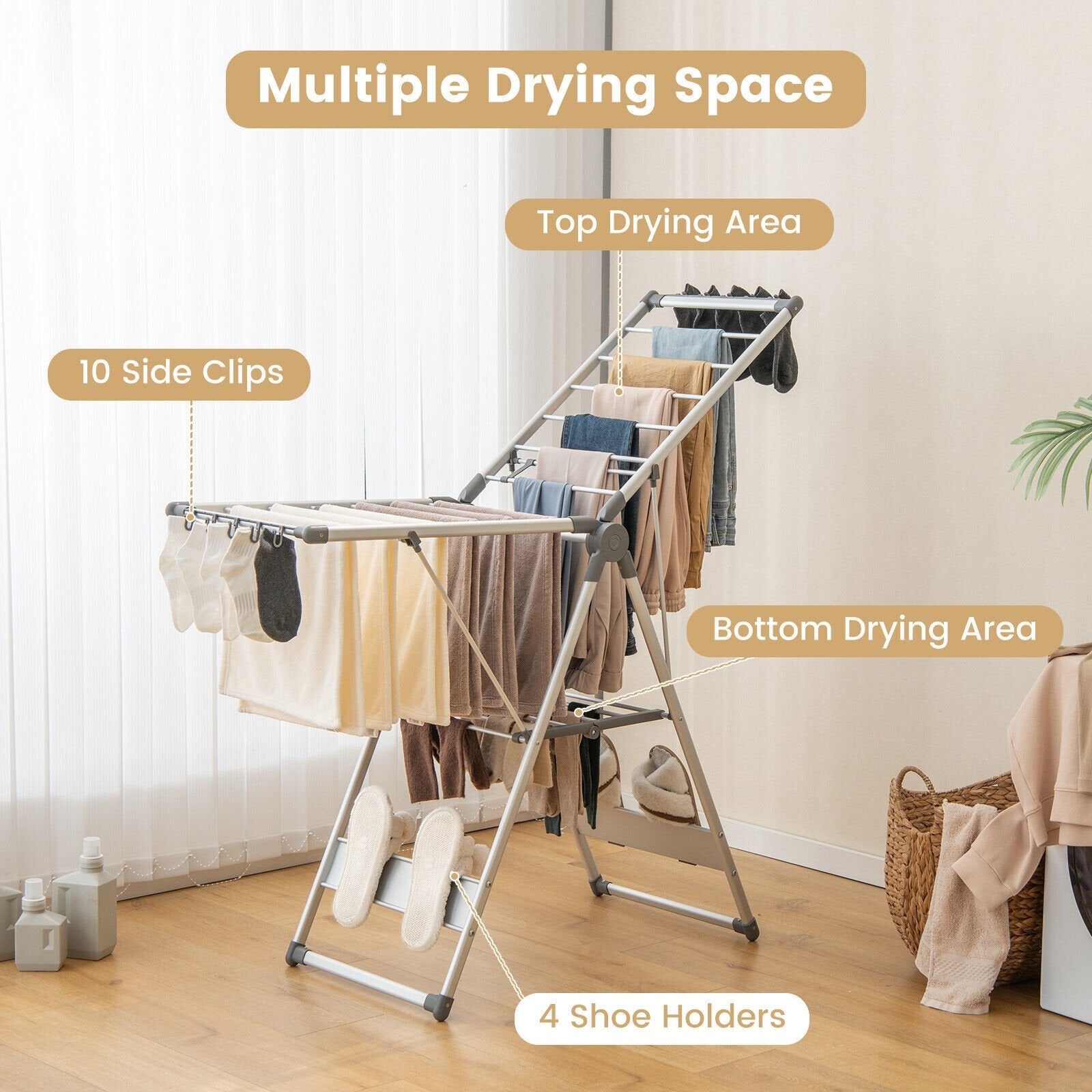 2-Layer Folding Clothes Drying Rack with 5-Level Adjustable Height, Silver Drying Racks   at Gallery Canada