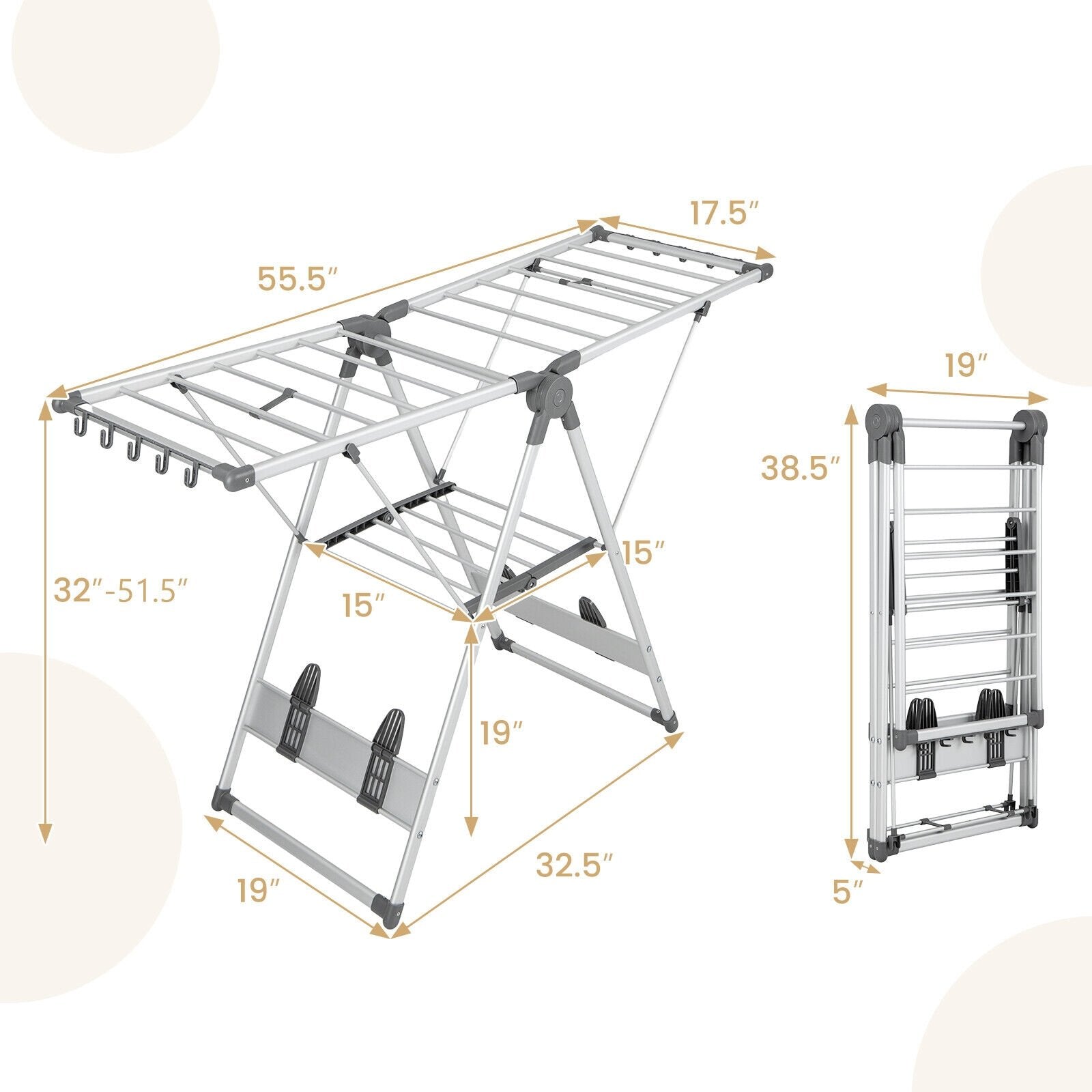 2-Layer Folding Clothes Drying Rack with 5-Level Adjustable Height, Silver Drying Racks   at Gallery Canada