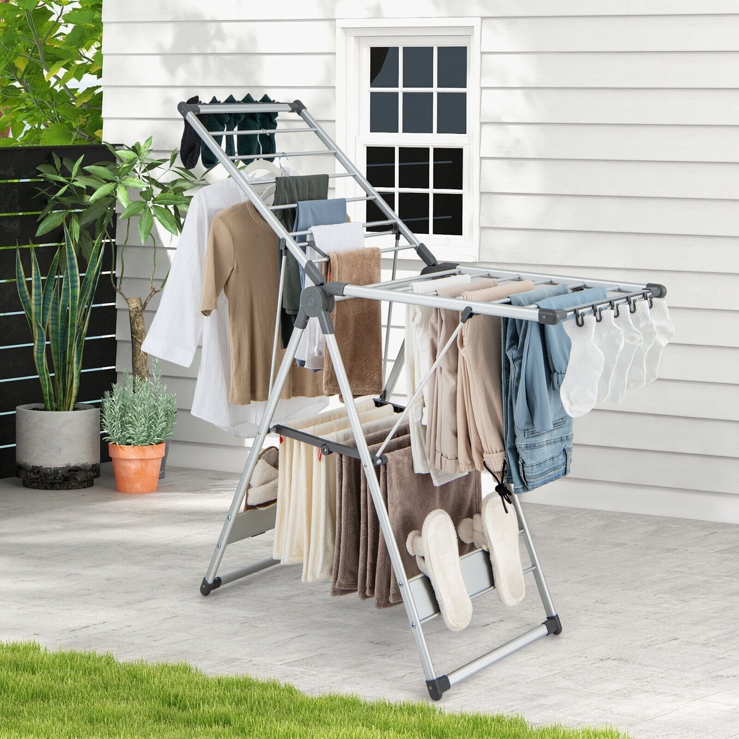 2-Layer Folding Clothes Drying Rack with 5-Level Adjustable Height, Silver Drying Racks   at Gallery Canada