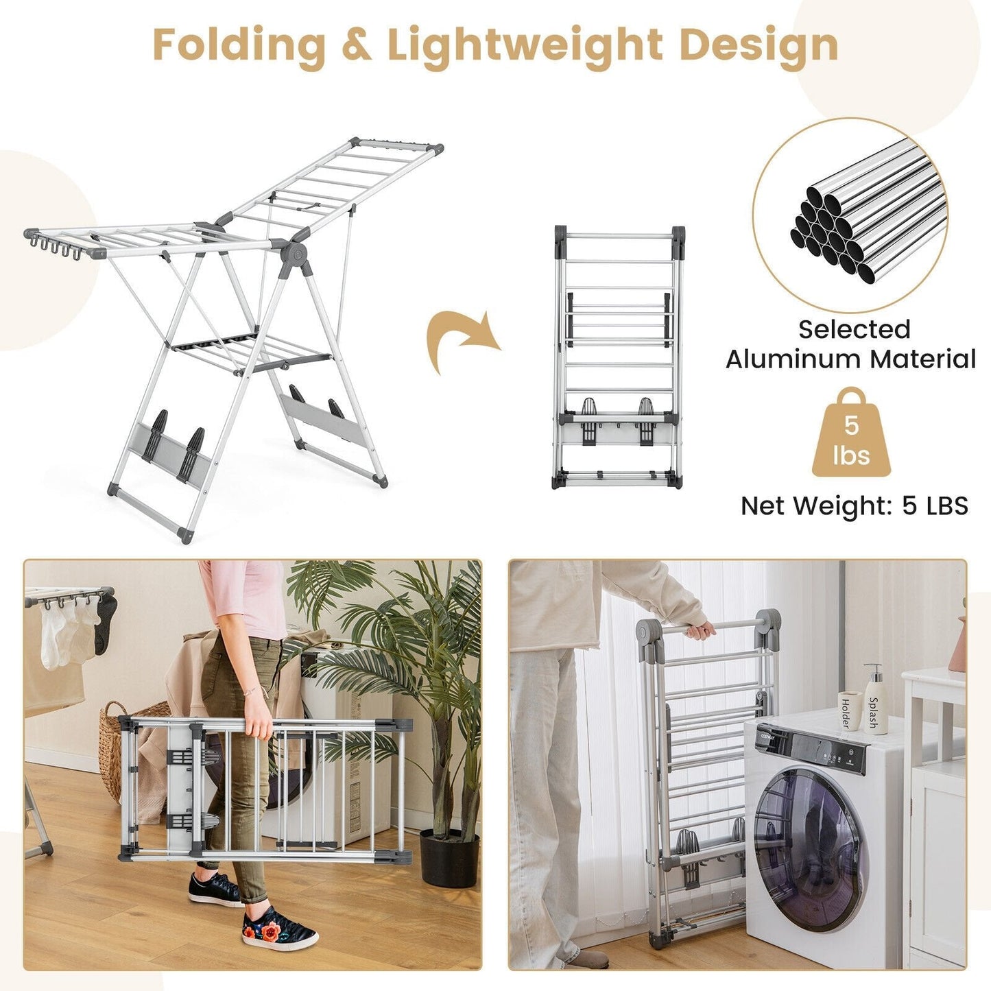 2-Layer Folding Clothes Drying Rack with 5-Level Adjustable Height, Silver Drying Racks   at Gallery Canada