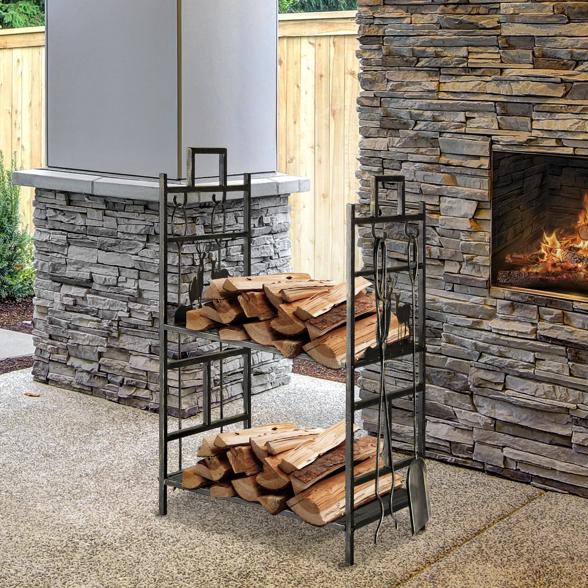 2-Layer Heavy Duty Firewood Rack Wood Log Fireplace Stacker w/ 4 Tools, Gold Firewood Racks   at Gallery Canada