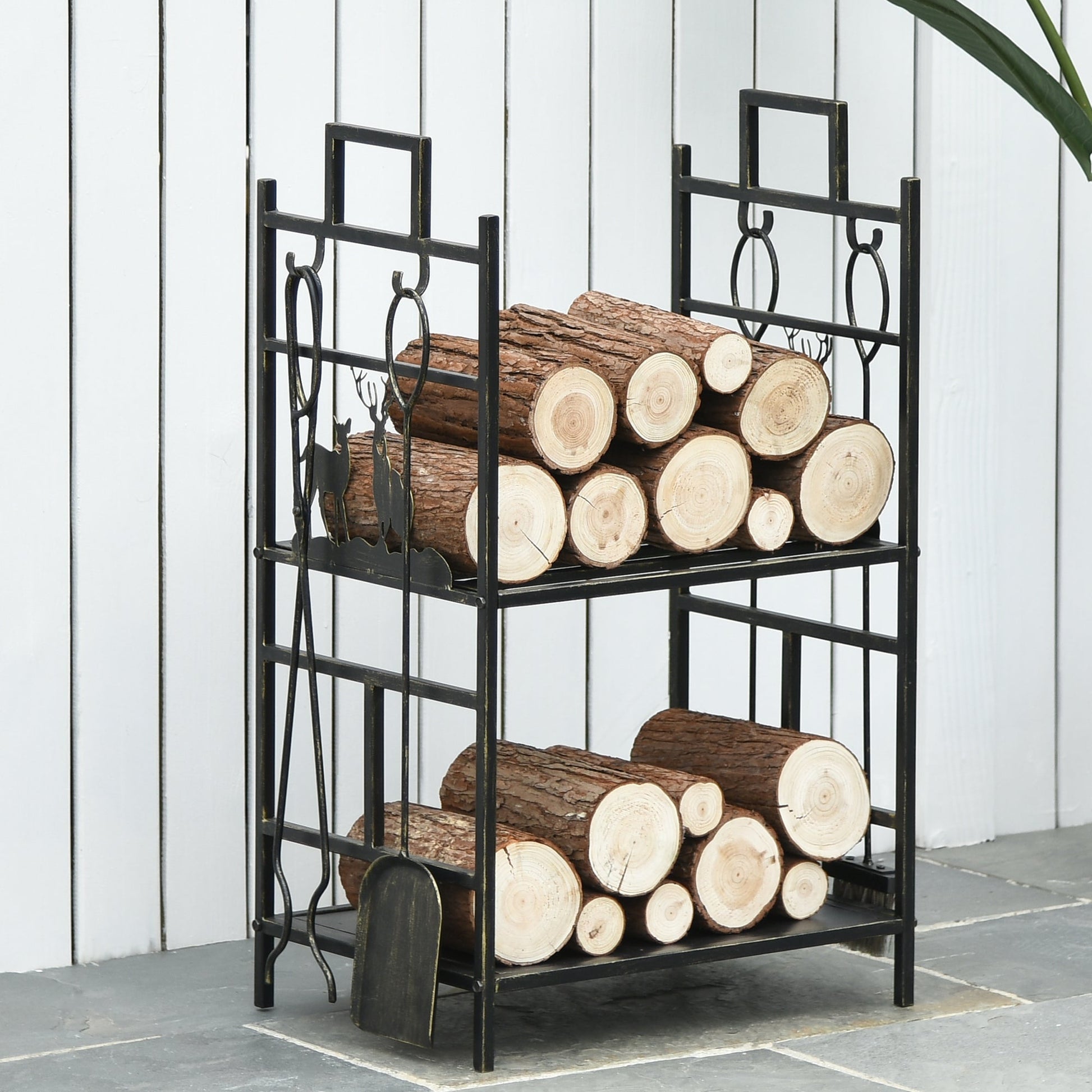 2-Layer Heavy Duty Firewood Rack Wood Log Fireplace Stacker w/ 4 Tools, Gold Firewood Racks   at Gallery Canada