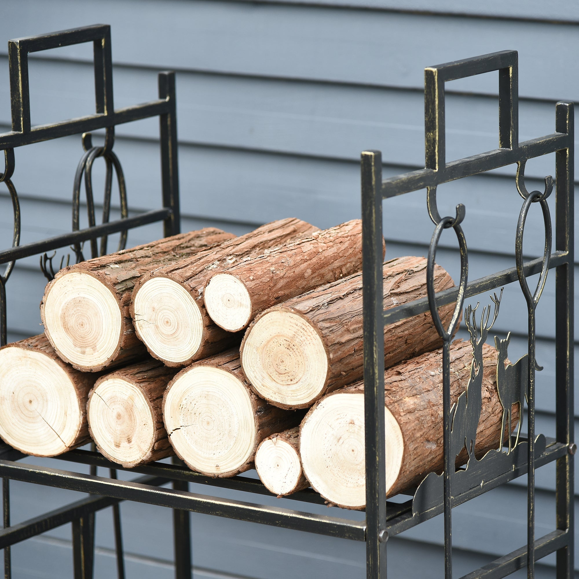 2-Layer Heavy Duty Firewood Rack Wood Log Fireplace Stacker w/ 4 Tools, Gold Firewood Racks   at Gallery Canada