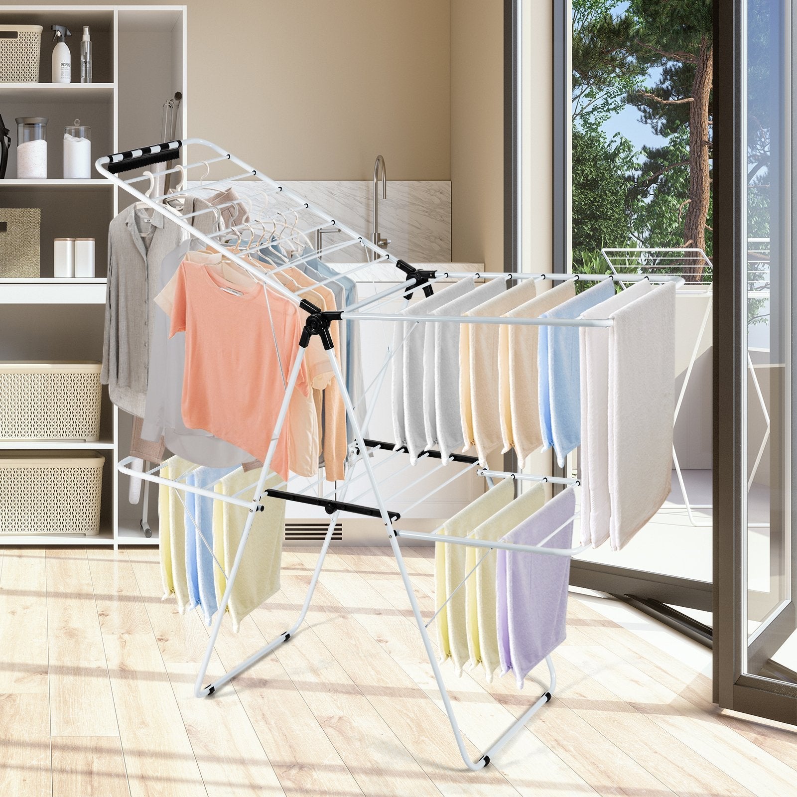 2-Level Foldable Clothes Drying Rack with Adjustable Gullwing, White Drying Racks   at Gallery Canada