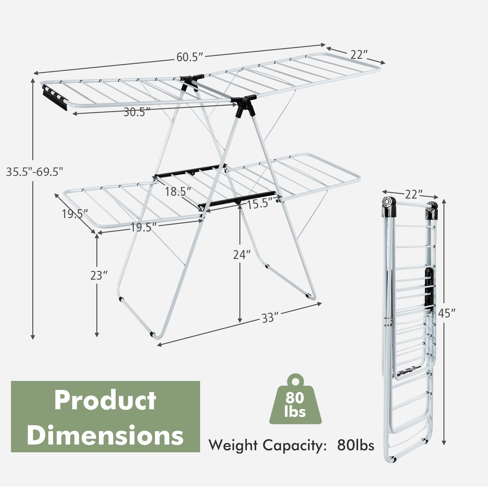 2-Level Foldable Clothes Drying Rack with Adjustable Gullwing, White Drying Racks   at Gallery Canada