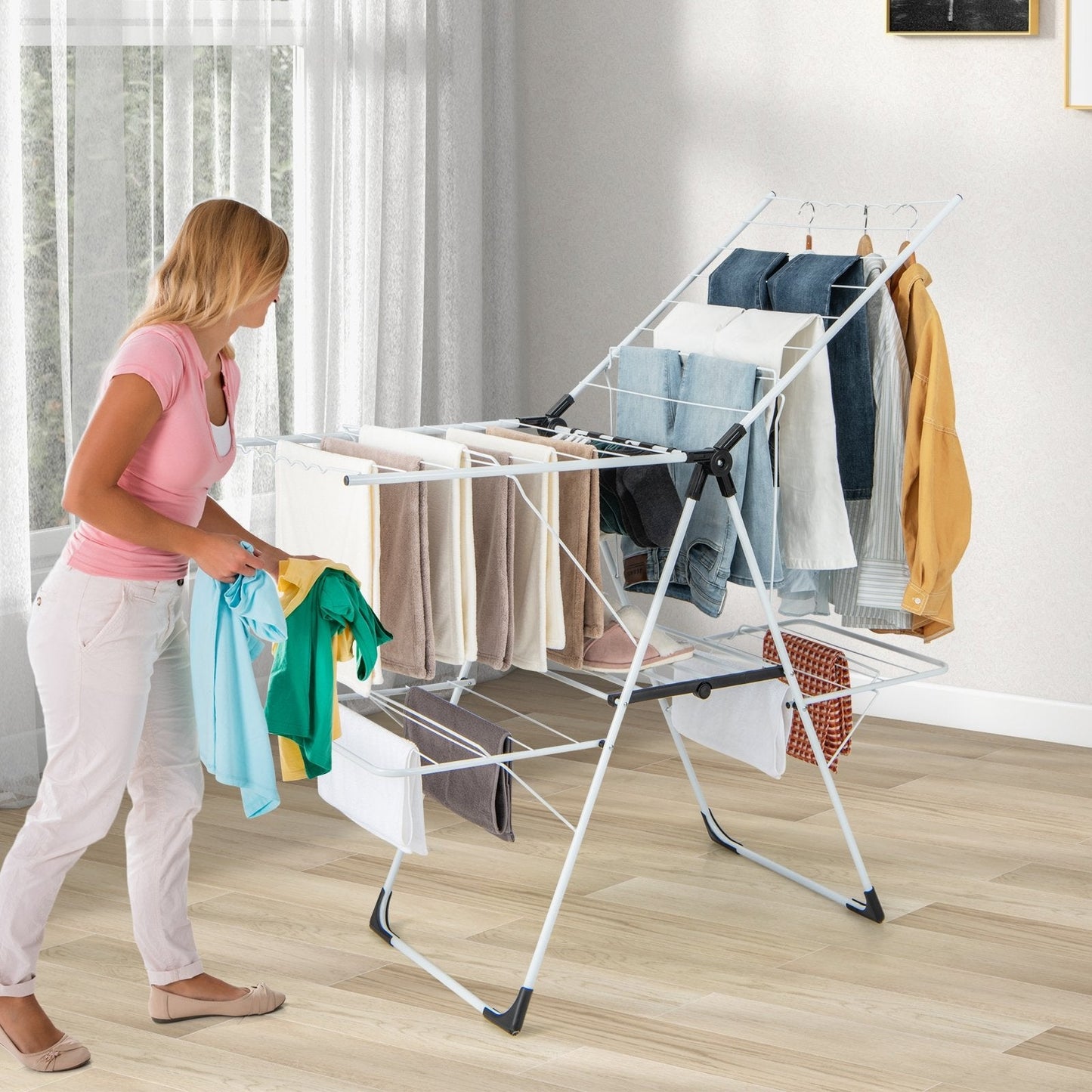 2-level Laundry Drying Rack with Height Adjustable Wings, White Drying Racks   at Gallery Canada