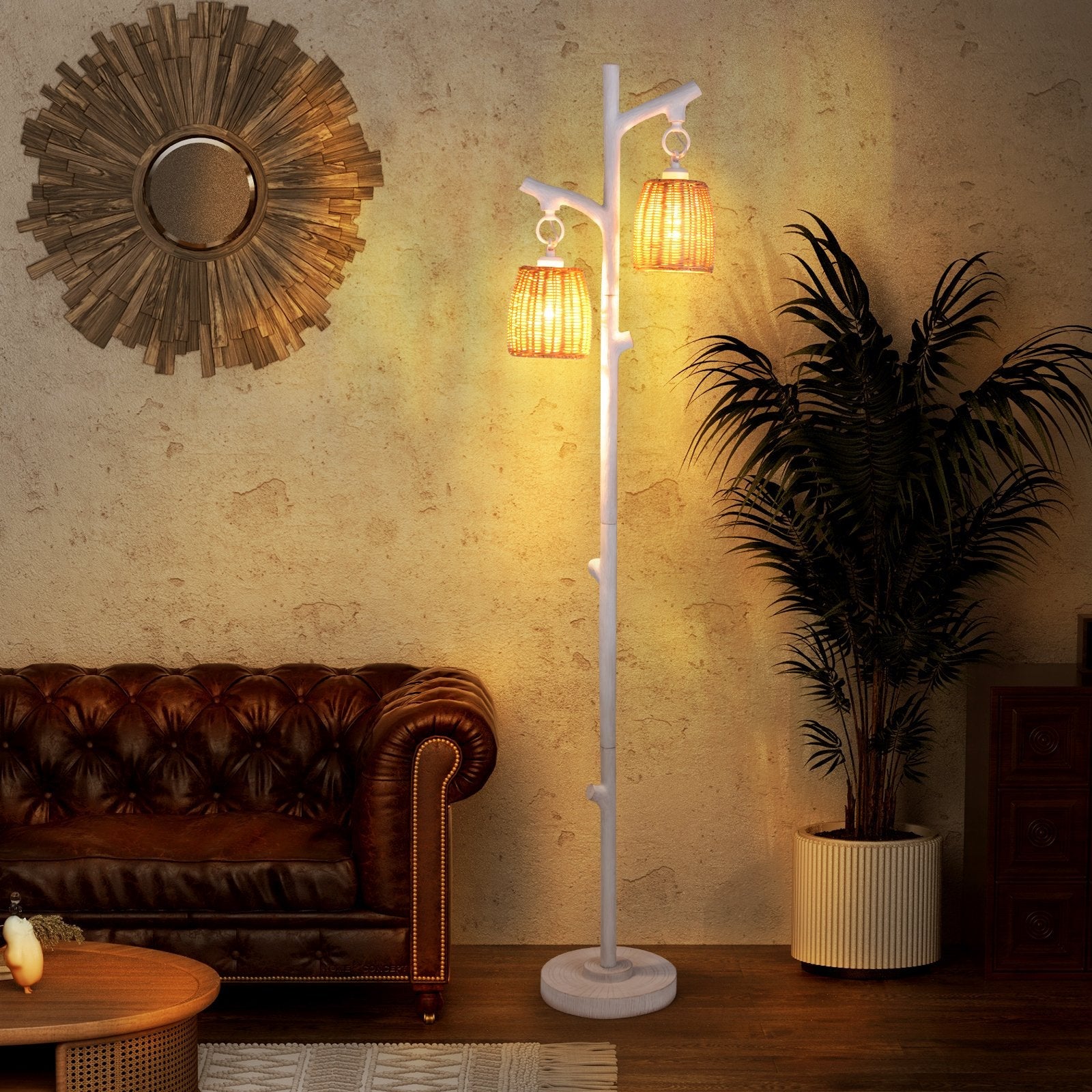 2 Light Tree Trunk Lamps with Wicker Shade, White Table & Floor Lamps   at Gallery Canada